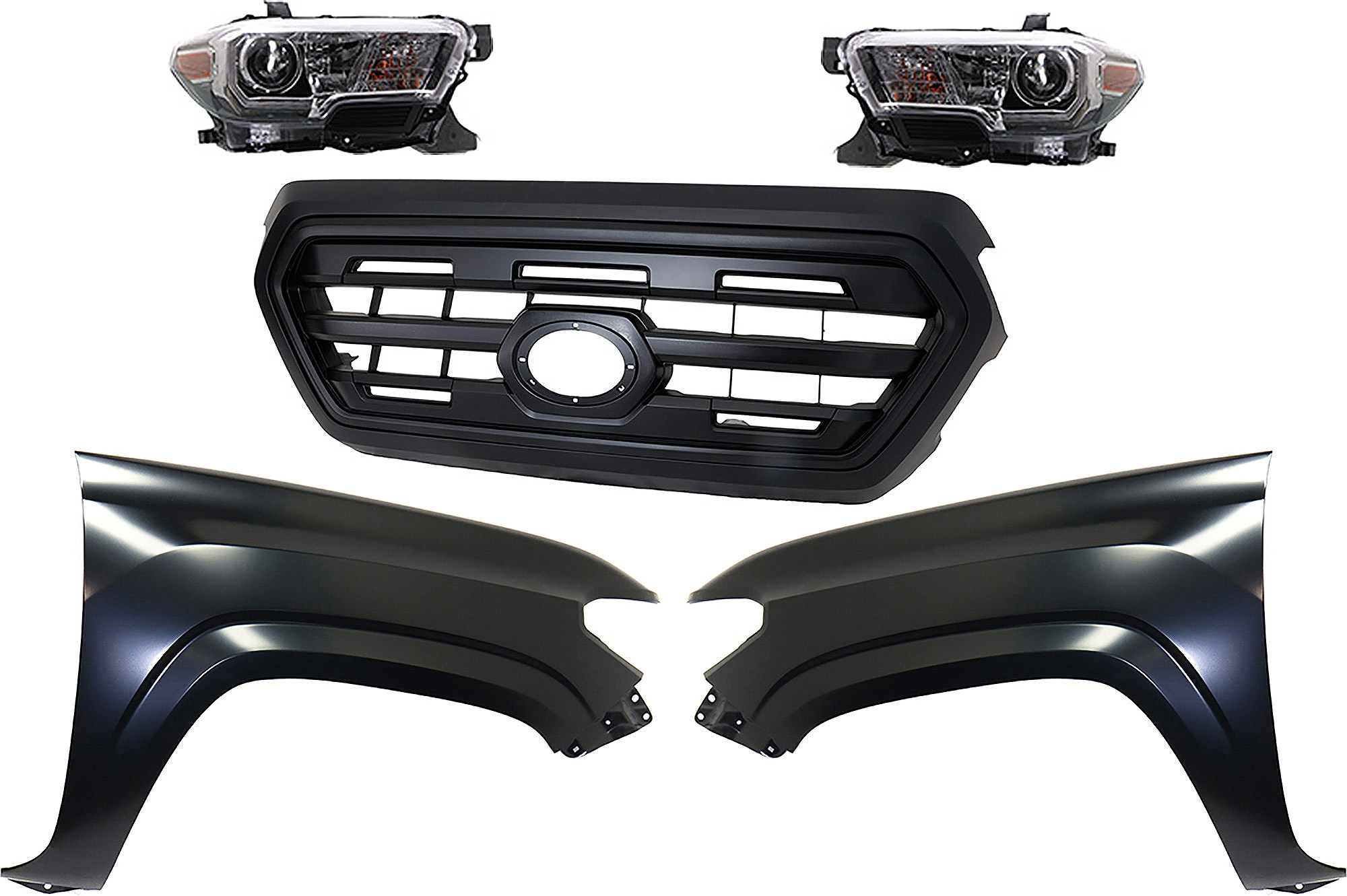 AM TACOMA 16-17 HEAD LAMP RH AND LH Assembly Halogen 5 pc Kit with Fenders and Grille Assembly SKU KIT 031323-282 Partslink TO2502244 TO2503244 TO1241261 TO1240261 TO1200407 OEM 8111004270-8115004270-53811041