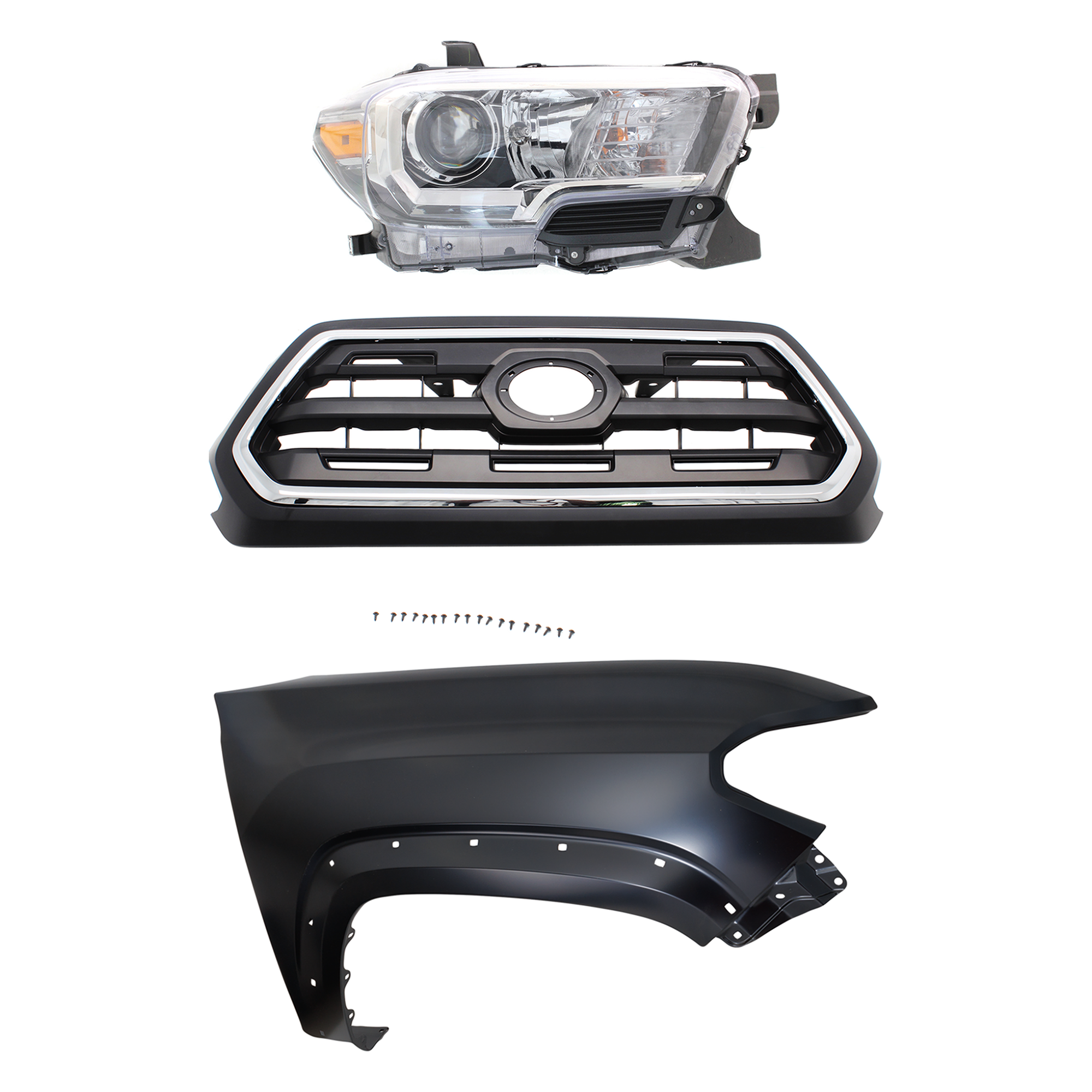 AM TACOMA 16-17 GRILLE Chrome Shell with Painted Black Insert 3 pc Kit with Fender and Headlight SKU KIT 031323-28401 Partslink TO1200408 TO1241262 TO2503243 OEM 5310004510C8-5381104120-811100
