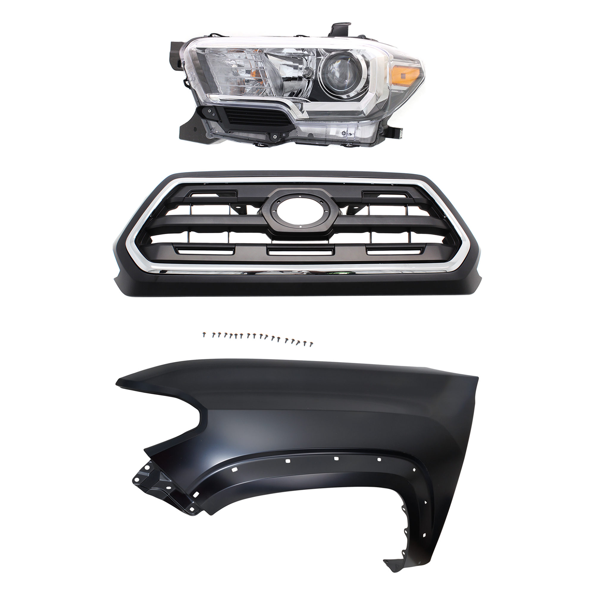 AM TACOMA 16-17 GRILLE Chrome Shell with Painted Black Insert 3 pc Kit with Fender and Headlight SKU KIT 031323-28402 Partslink TO1200408 TO1240262 TO2502243 OEM 5310004510C8-5381204120-811500