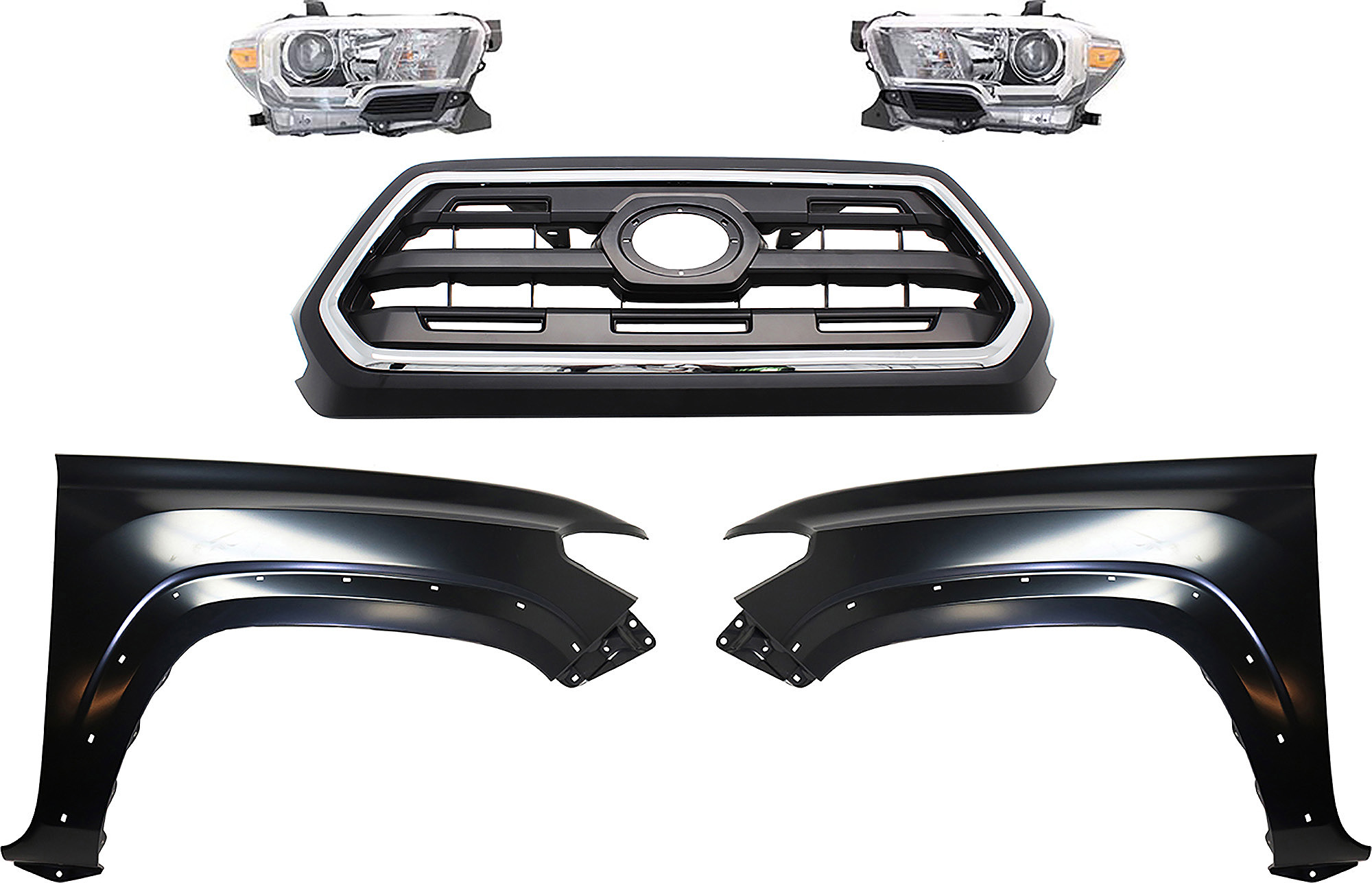 AM TACOMA 16-17 GRILLE Chrome Shell with Painted Black Insert 5 pc Kit with Fenders and Headlights SKU KIT 031323-284 Partslink TO1200408 TO1241262 TO1240262 TO2503243 TO2502243 OEM 5310004510C8-5381104120-538120