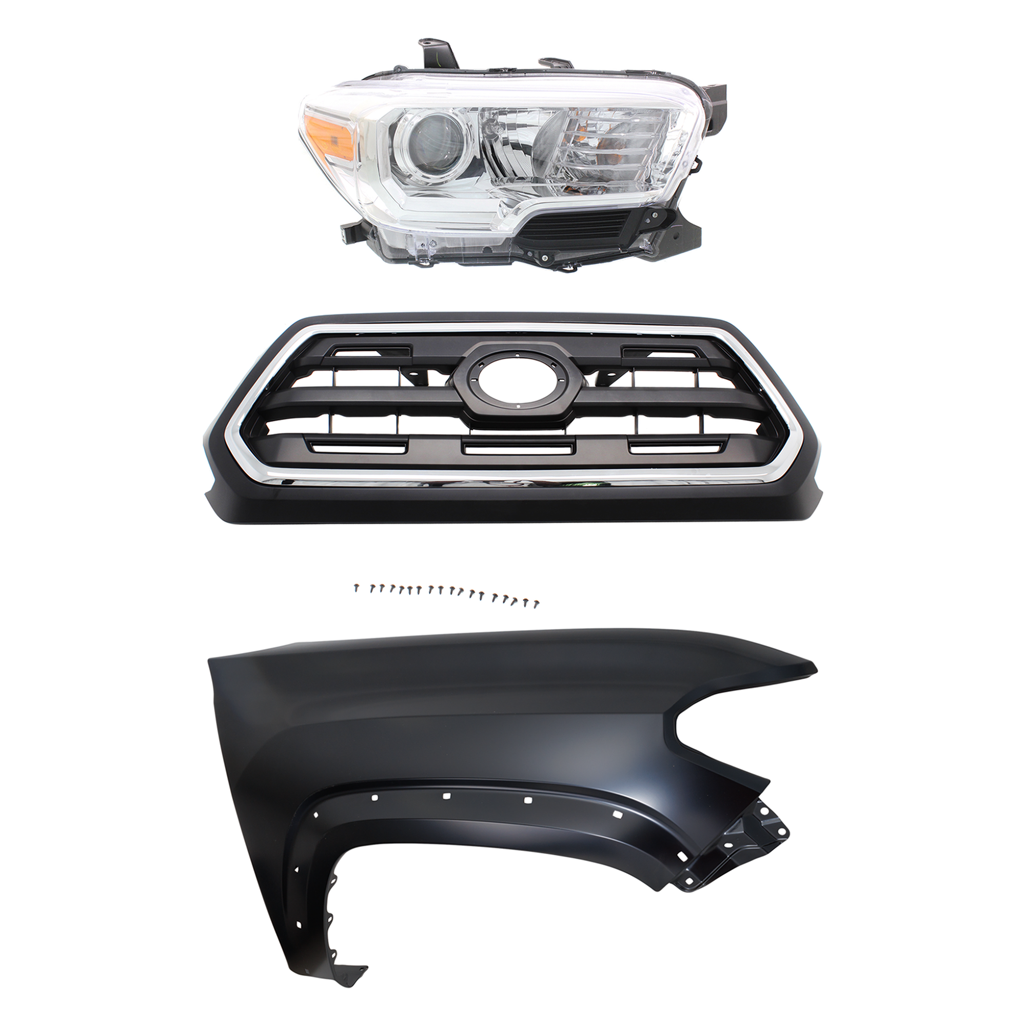 AM TACOMA 16-17 GRILLE Chrome Shell with Painted Black Insert 3 pc Kit with Fender and Headlight SKU KIT 031323-28501 Partslink TO1200408 TO1241262 TO2503242 OEM 5310004510C8-5381104120-811100