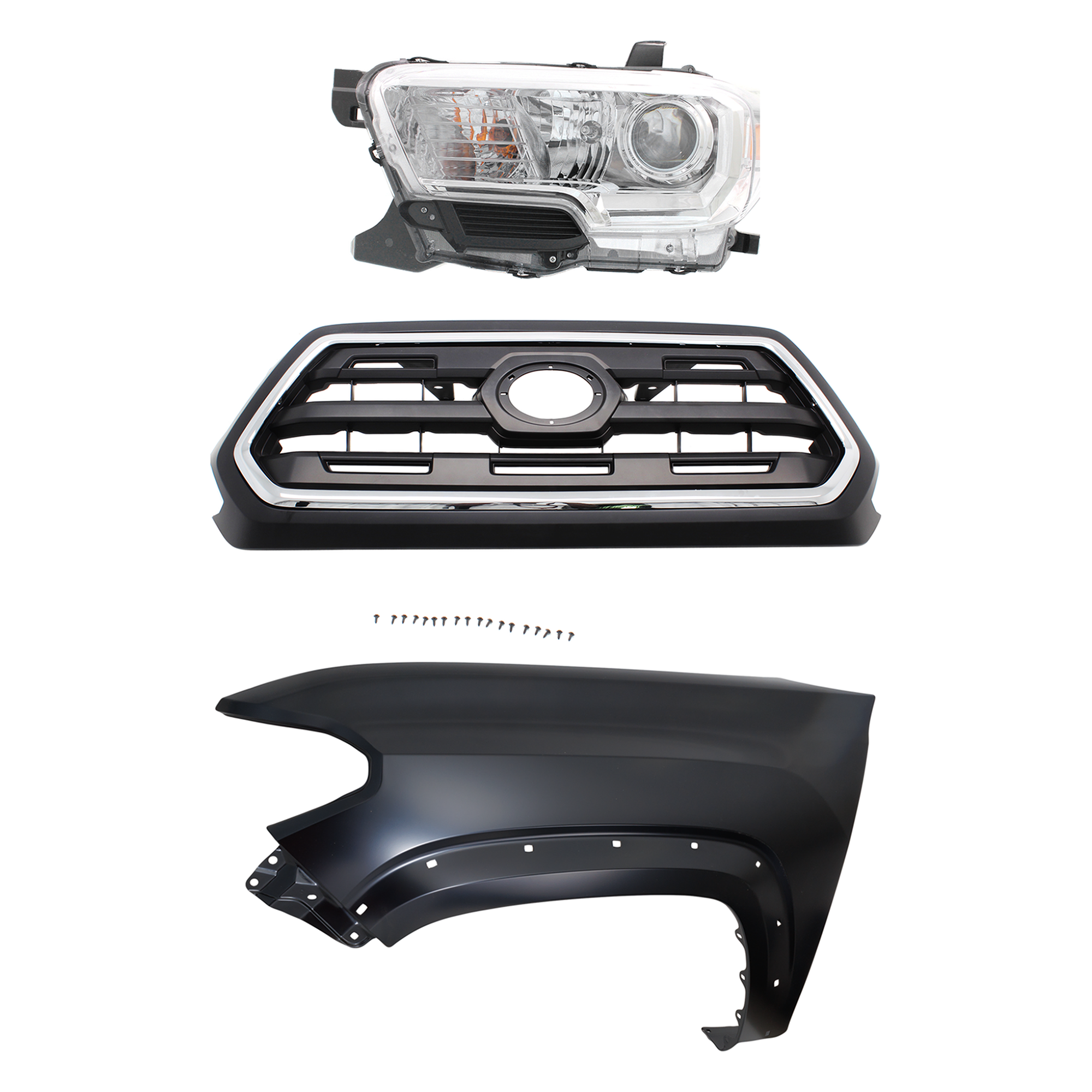 AM TACOMA 16-17 GRILLE Chrome Shell with Painted Black Insert 3 pc Kit with Fender and Headlight SKU KIT 031323-28502 Partslink TO1200408 TO1240262 TO2502242 OEM 5310004510C8-5381204120-811500