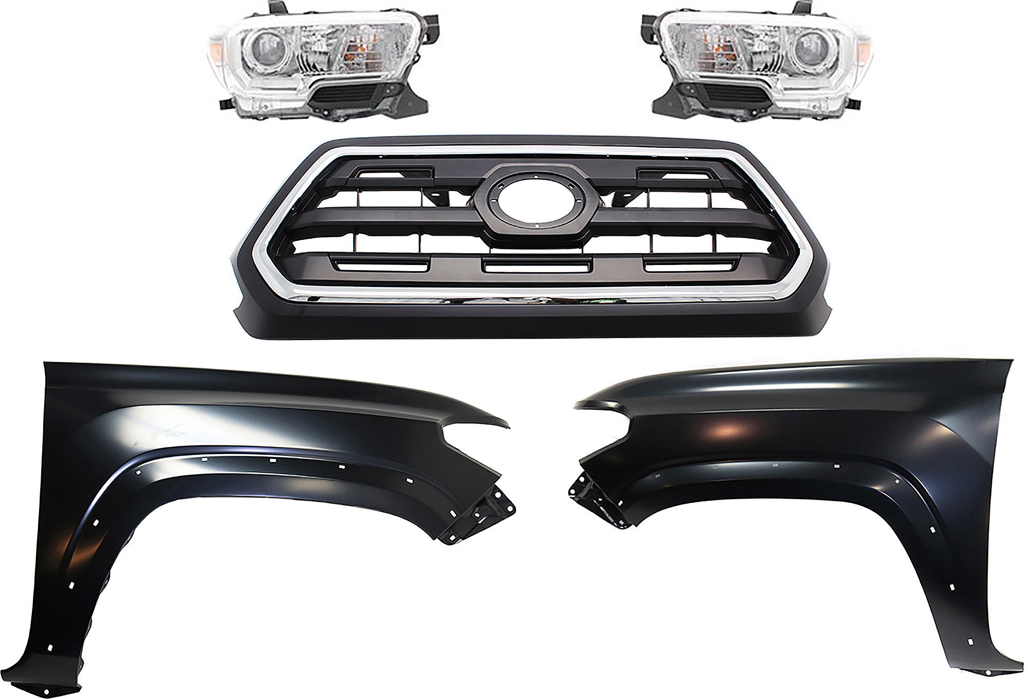 AM TACOMA 16-17 GRILLE Chrome Shell with Painted Black Insert 5 pc Kit with Fenders and Headlights SKU KIT 031323-285 Partslink TO1200408 TO1241262 TO1240262 TO2503242 TO2502242 OEM 5310004510C8-5381104120-538120