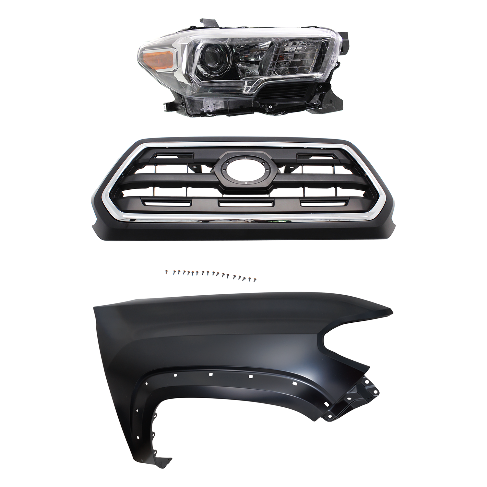 AM TACOMA 16-17 GRILLE Chrome Shell with Painted Black Insert 3 pc Kit with Fender and Headlight SKU KIT 031323-28601 Partslink TO1200408 TO1241262 TO2503244 OEM 5310004510C8-5381104120-811100