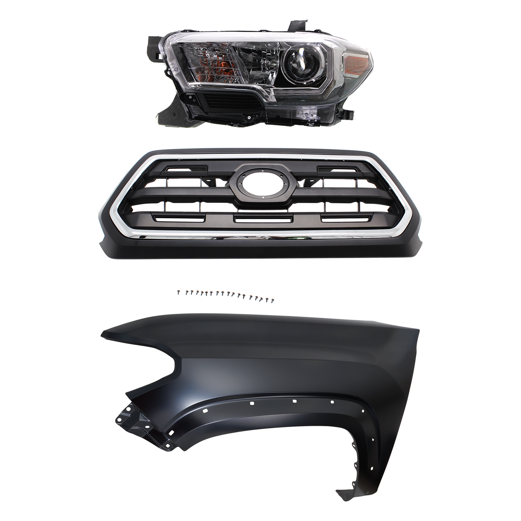 AM TACOMA 16-17 GRILLE Chrome Shell with Painted Black Insert 3 pc Kit with Fender and Headlight SKU KIT 031323-28602 Partslink TO1200408 TO1240262 TO2502244 OEM 5310004510C8-5381204120-811500