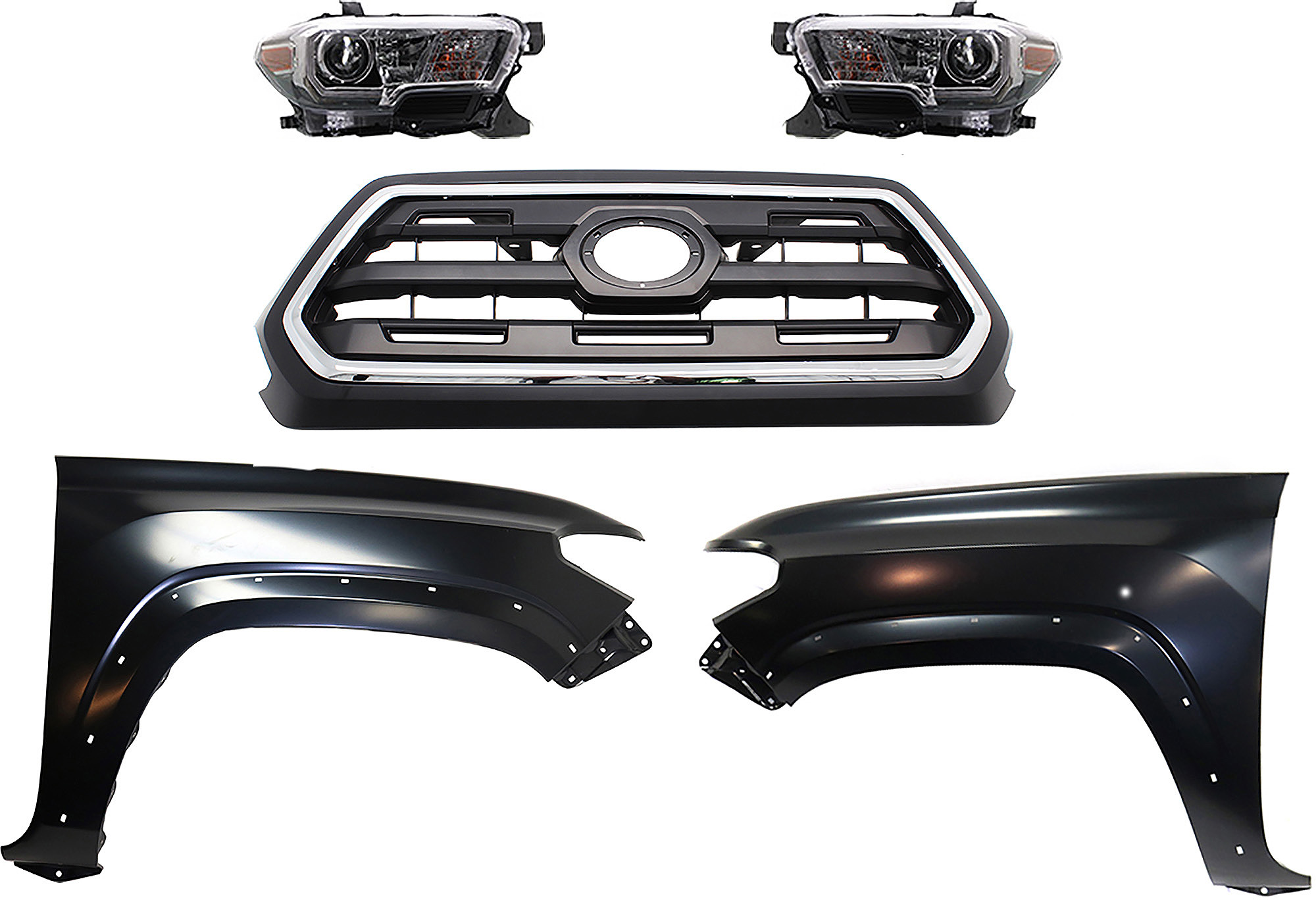 AM TACOMA 16-17 GRILLE Chrome Shell with Painted Black Insert 5 pc Kit with Fenders and Headlights SKU KIT 031323-286 Partslink TO1200408 TO1241262 TO1240262 TO2503244 TO2502244 OEM 5310004510C8-5381104120-538120