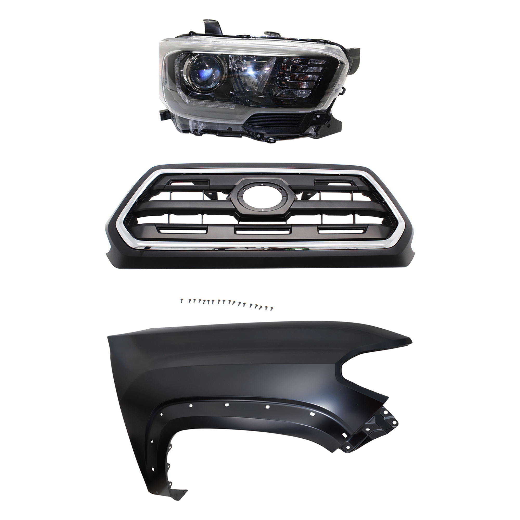 AM TACOMA 17-17 HEAD LAMP RH Assembly Halogen 3 pc Kit with Fender and Grille Assembly SKU KIT 031323-28701 Partslink TO2503254 TO1241262 TO1200408 OEM 8111004280-5381104120-53100045
