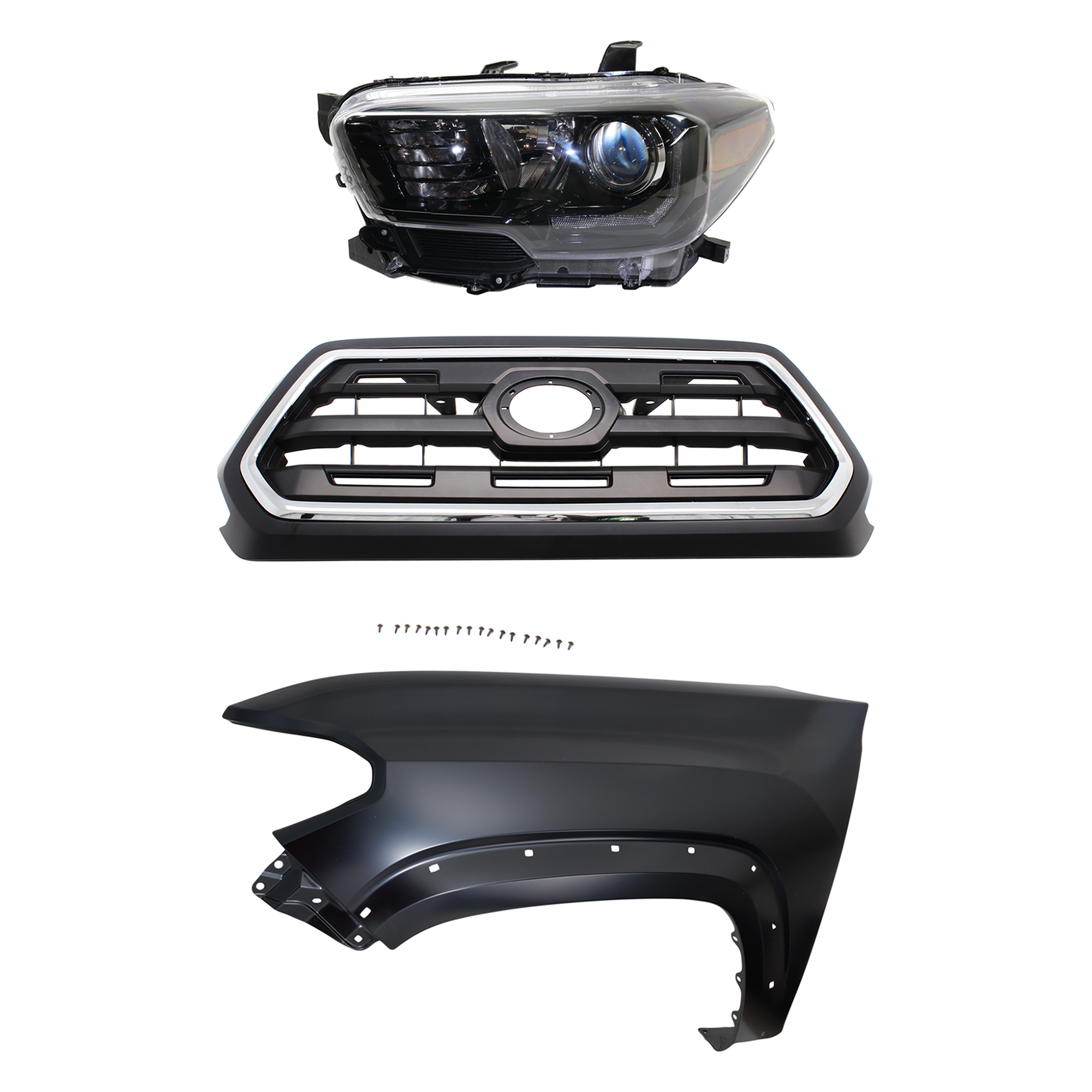 AM TACOMA 17-17 HEAD LAMP LH Assembly Halogen 3 pc Kit with Fender and Grille Assembly SKU KIT 031323-28702 Partslink TO2502254 TO1240262 TO1200408 OEM 8115004280-5381204120-53100045