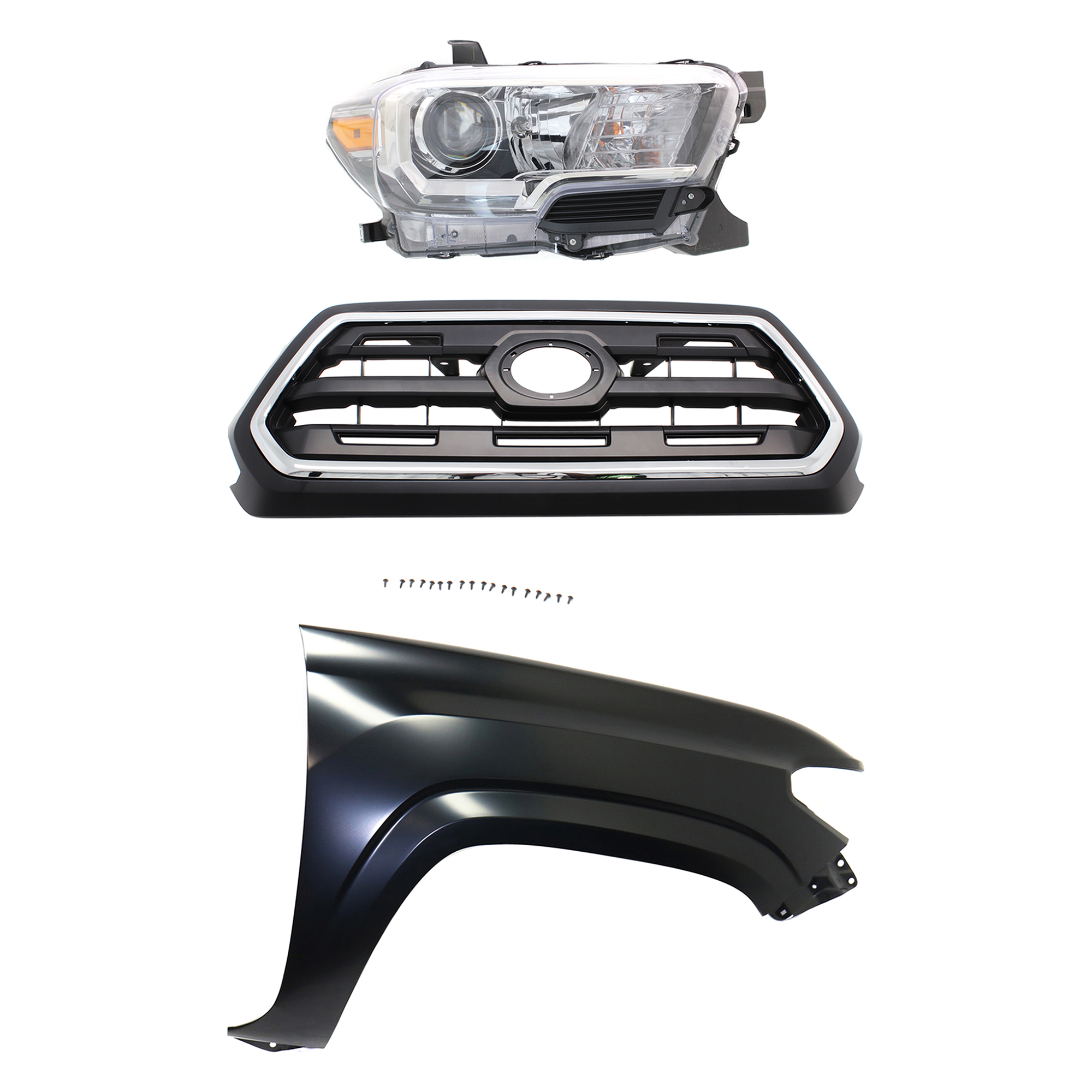 AM TACOMA 16-17 GRILLE Chrome Shell with Painted Black Insert 3 pc Kit with Fender and Headlight SKU KIT 031323-28801 Partslink TO1200408 TO1241261 TO2503243 OEM 5310004510C8-5381104110-811100