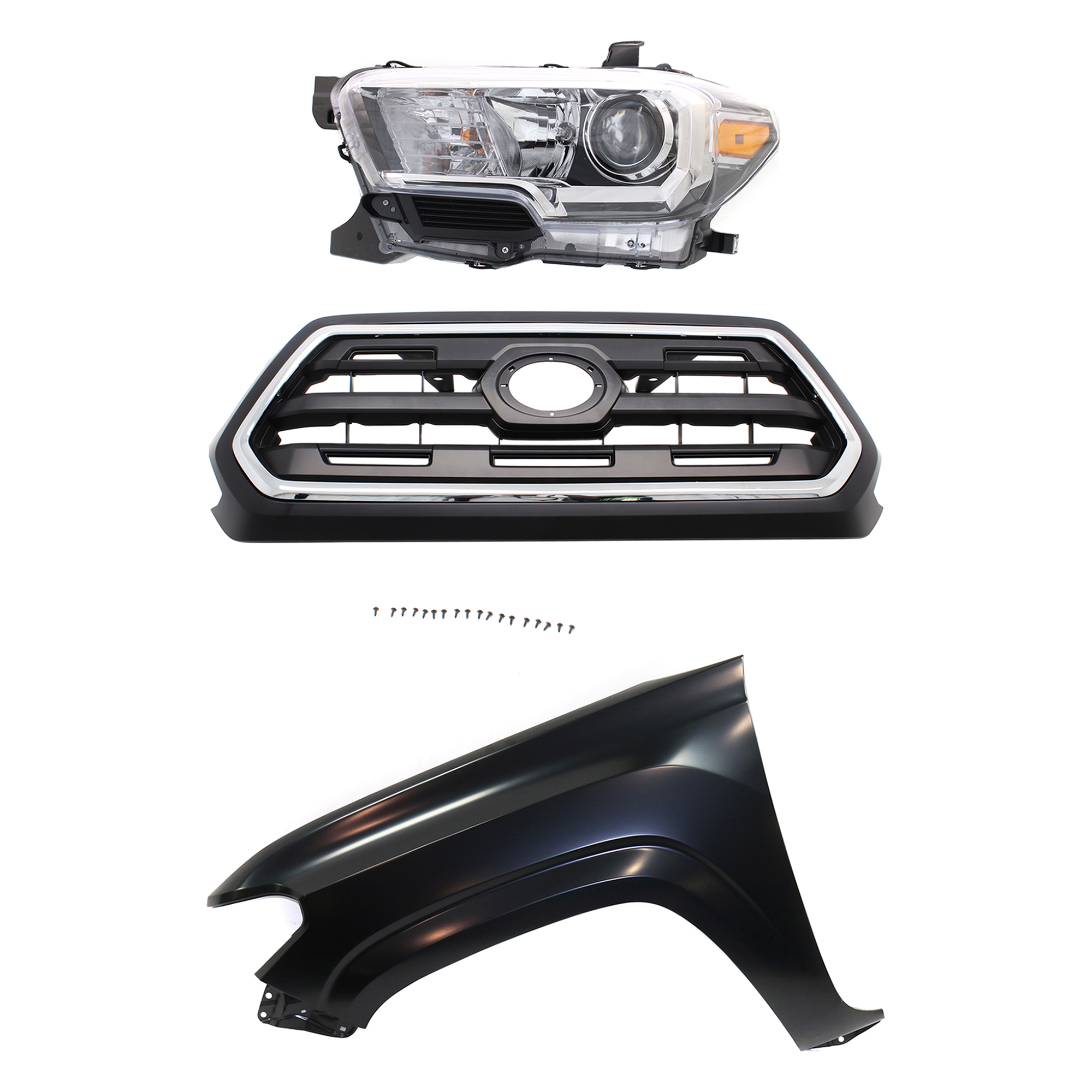AM TACOMA 16-17 GRILLE Chrome Shell with Painted Black Insert 3 pc Kit with Fender and Headlight SKU KIT 031323-28802 Partslink TO1200408 TO1240261 TO2502243 OEM 5310004510C8-5381204110-811500
