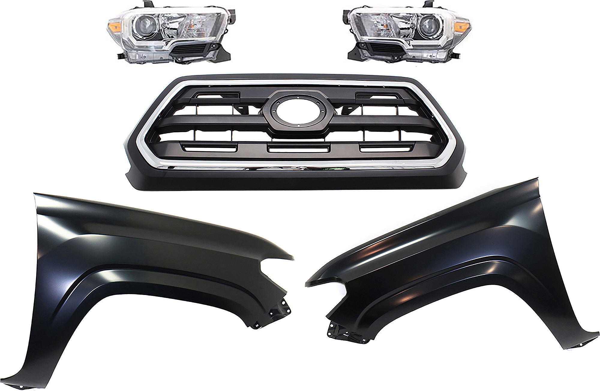 AM TACOMA 16-17 GRILLE Chrome Shell with Painted Black Insert 5 pc Kit with Fenders and Headlights SKU KIT 031323-288 Partslink TO1200408 TO1241261 TO1240261 TO2503243 TO2502243 OEM 5310004510C8-5381104110-538120
