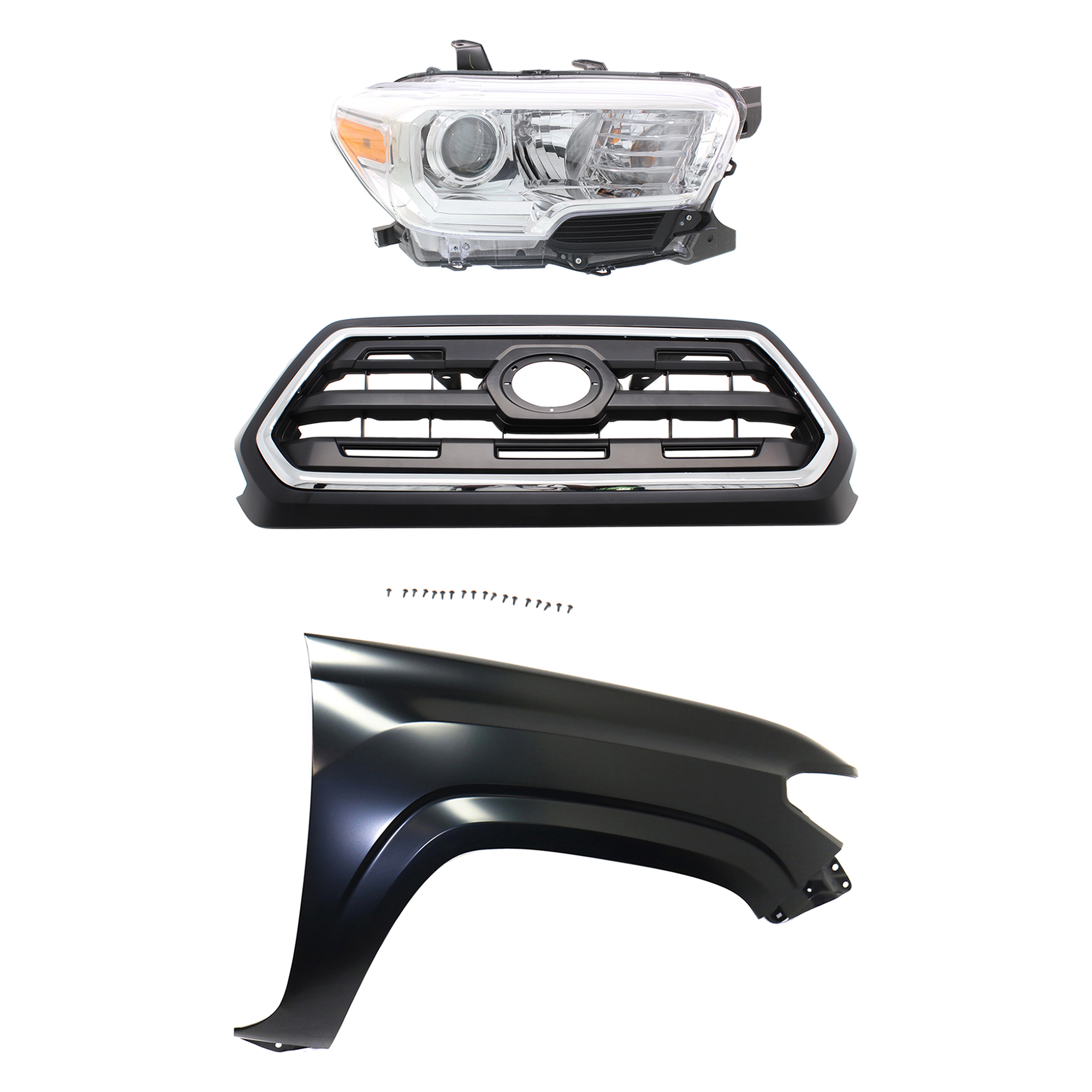 AM TACOMA 16-17 GRILLE Chrome Shell with Painted Black Insert 3 pc Kit with Fender and Headlight SKU KIT 031323-28901 Partslink TO1200408 TO1241261 TO2503242 OEM 5310004510C8-5381104110-811100