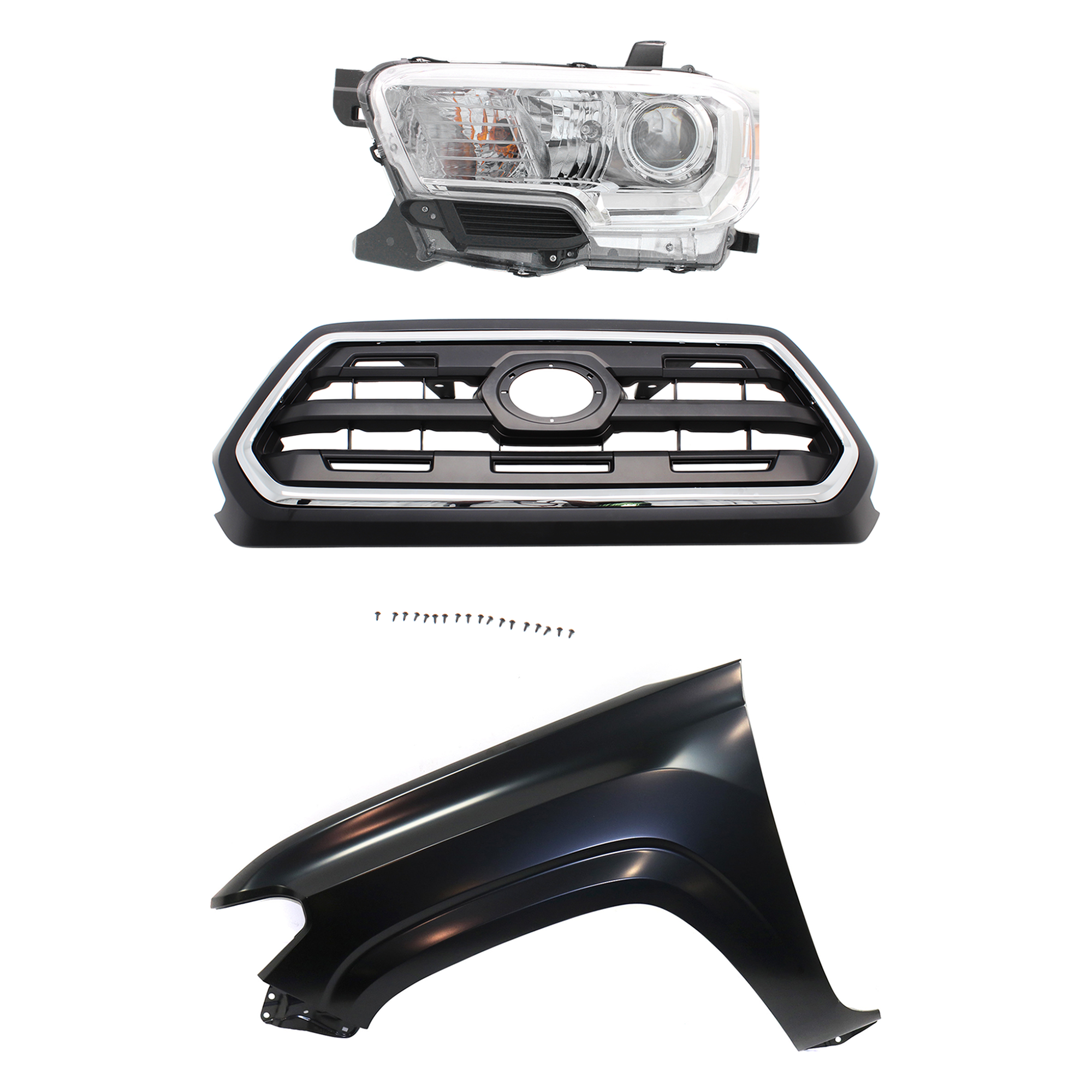 AM TACOMA 16-17 GRILLE Chrome Shell with Painted Black Insert 3 pc Kit with Fender and Headlight SKU KIT 031323-28902 Partslink TO1200408 TO1240261 TO2502242 OEM 5310004510C8-5381204110-811500