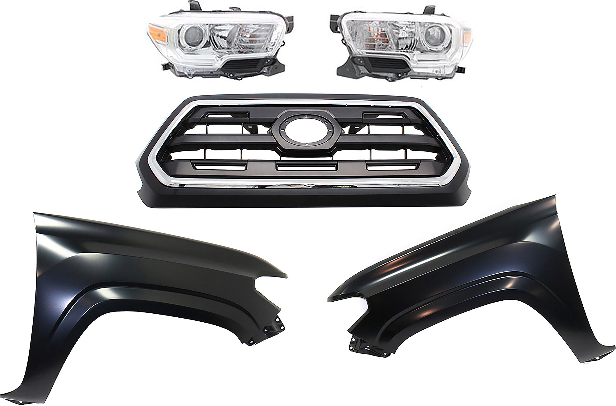 AM TACOMA 16-17 GRILLE Chrome Shell with Painted Black Insert 5 pc Kit with Fenders and Headlights SKU KIT 031323-289 Partslink TO1200408 TO1241261 TO1240261 TO2503242 TO2502242 OEM 5310004510C8-5381104110-538120