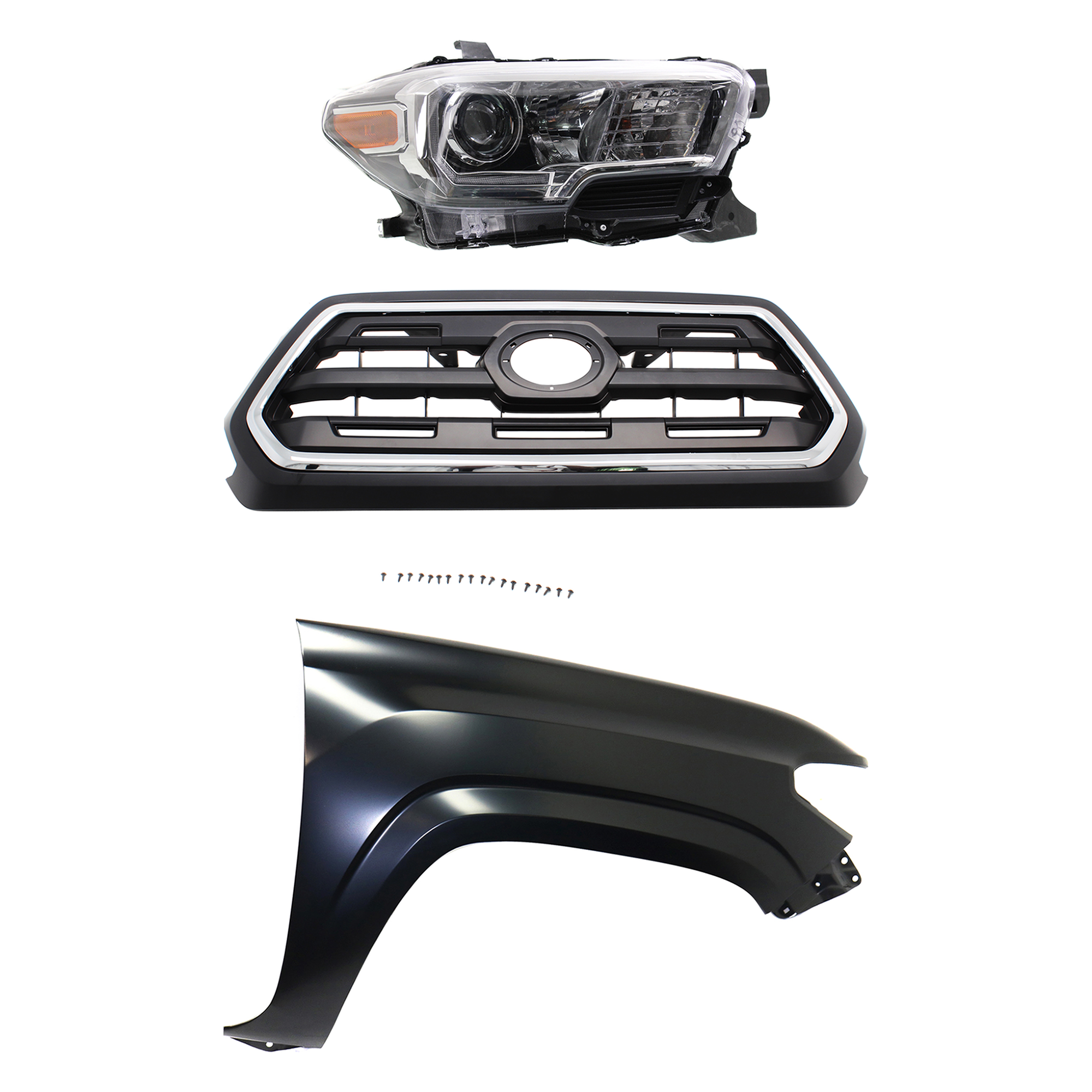 AM TACOMA 16-17 GRILLE Chrome Shell with Painted Black Insert 3 pc Kit with Fender and Headlight SKU KIT 031323-29001 Partslink TO1200408 TO1241261 TO2503244 OEM 5310004510C8-5381104110-811100