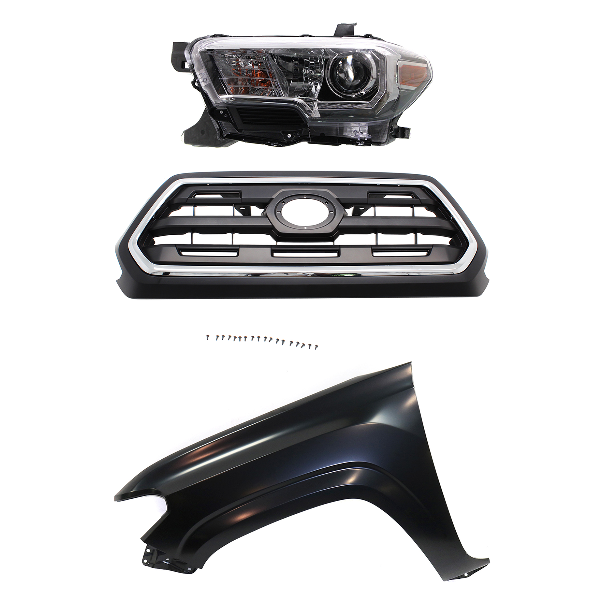 AM TACOMA 16-17 GRILLE Chrome Shell with Painted Black Insert 3 pc Kit with Fender and Headlight SKU KIT 031323-29002 Partslink TO1200408 TO1240261 TO2502244 OEM 5310004510C8-5381204110-811500
