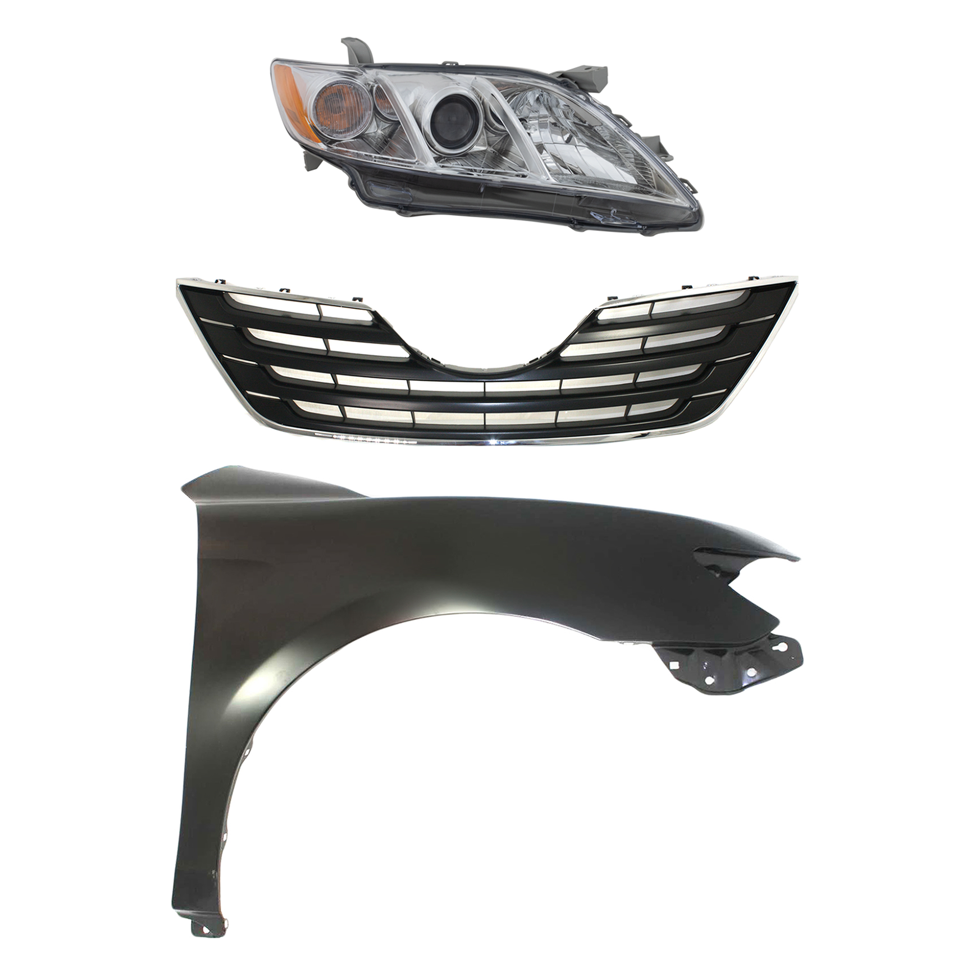 AM CAMRY 07-09 HEAD LAMP RH Assembly Halogen 3 pc Kit with Fender and Grille Assembly CAPA SKU KIT 031323-2901 Partslink TO1200289 TO1241211C TO2503197C OEM 5310106080C0-5380106110-811100