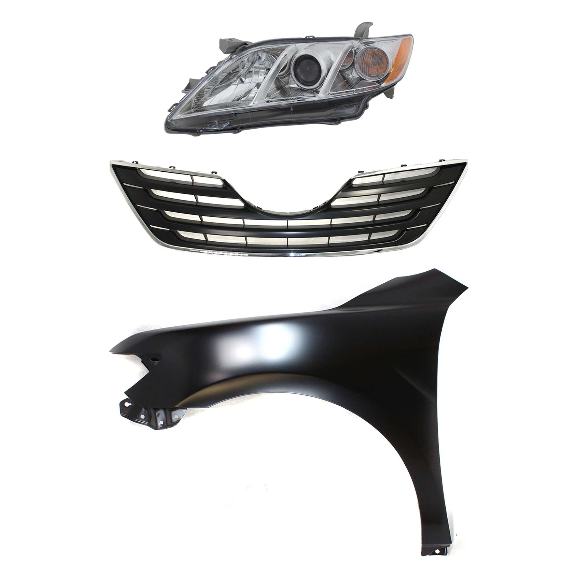 AM CAMRY 07-09 HEAD LAMP LH Assembly Halogen 3 pc Kit with Fender and Grille Assembly CAPA SKU KIT 031323-2902 Partslink TO1200289 TO1240211C TO2502197C OEM 5310106080C0-5380206120-811500