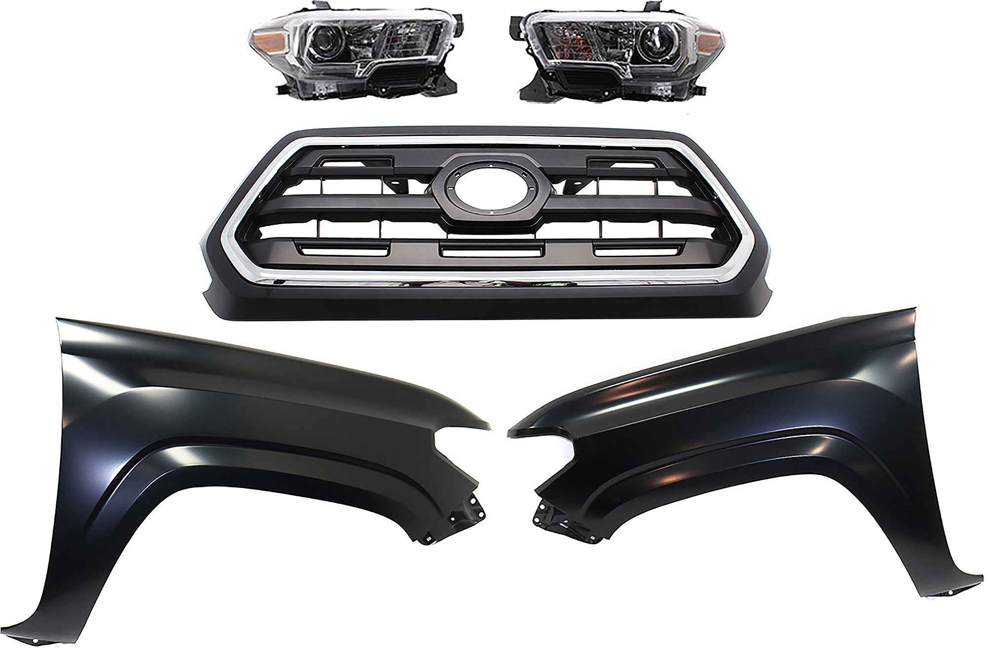 AM TACOMA 16-17 GRILLE Chrome Shell with Painted Black Insert 5 pc Kit with Fenders and Headlights SKU KIT 031323-290 Partslink TO1200408 TO1241261 TO1240261 TO2503244 TO2502244 OEM 5310004510C8-5381104110-538120