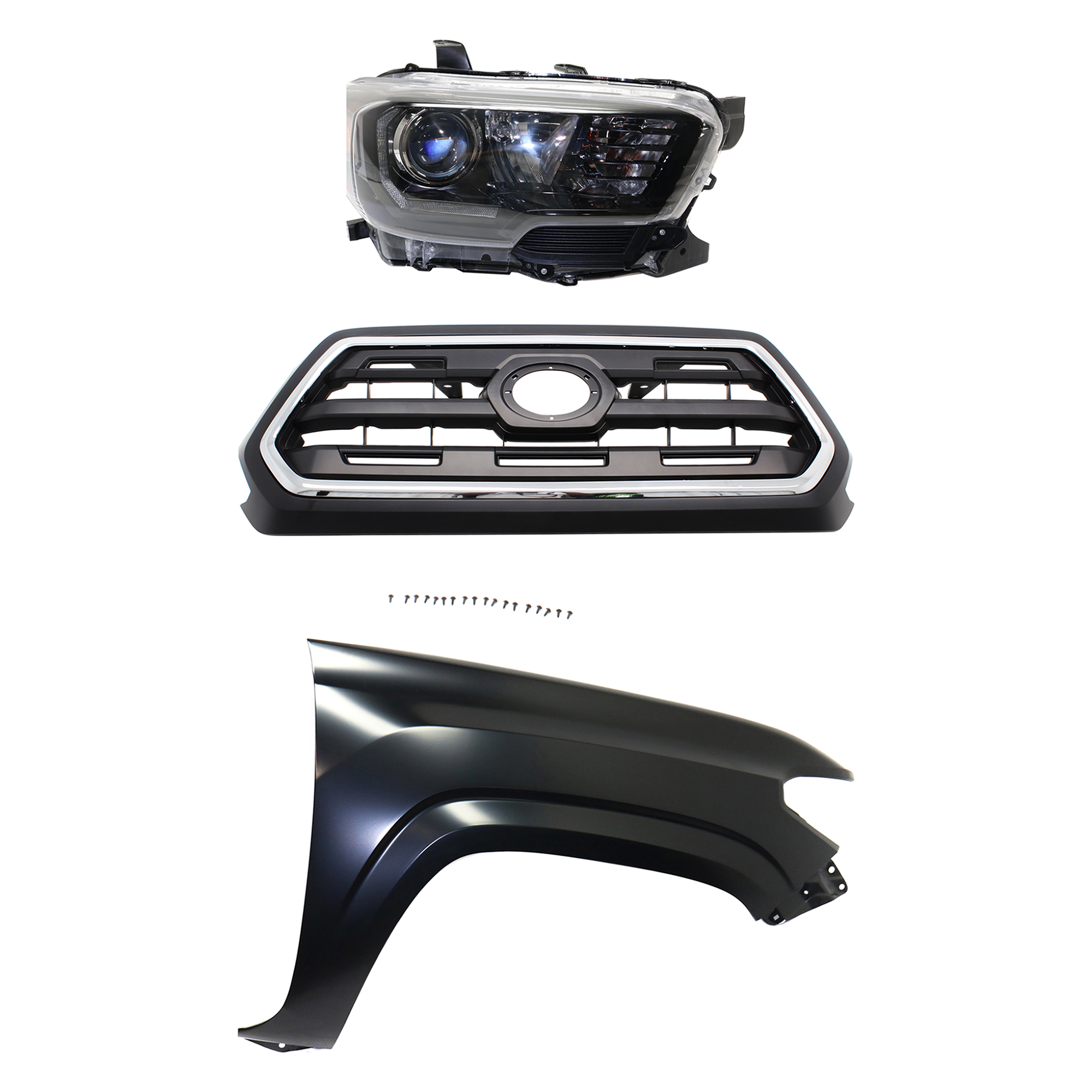 AM TACOMA 17-17 HEAD LAMP RH Assembly Halogen 3 pc Kit with Fender and Grille Assembly SKU KIT 031323-29101 Partslink TO2503254 TO1241261 TO1200408 OEM 8111004280-5381104110-53100045