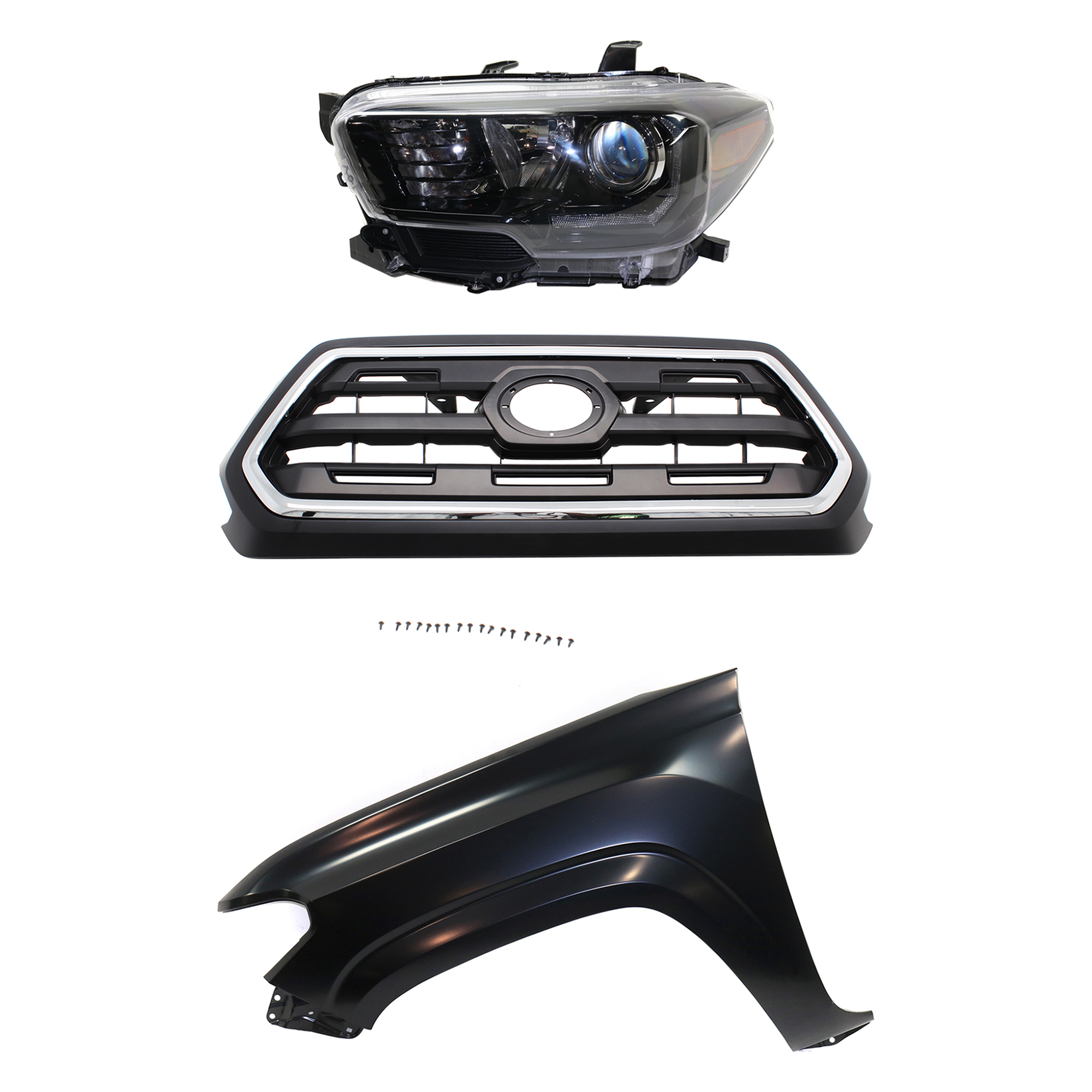AM TACOMA 17-17 HEAD LAMP LH Assembly Halogen 3 pc Kit with Fender and Grille Assembly SKU KIT 031323-29102 Partslink TO2502254 TO1240261 TO1200408 OEM 8115004280-5381204110-53100045