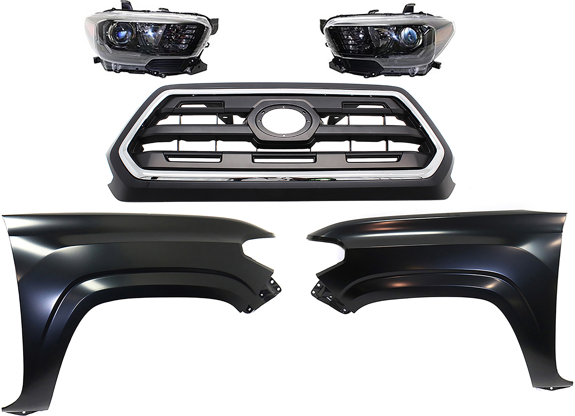 AM TACOMA 17-17 HEAD LAMP RH AND LH Assembly Halogen 5 pc Kit with Fenders and Grille Assembly SKU KIT 031323-291 Partslink TO2503254 TO2502254 TO1241261 TO1240261 TO1200408 OEM 8111004280-8115004280-53811041