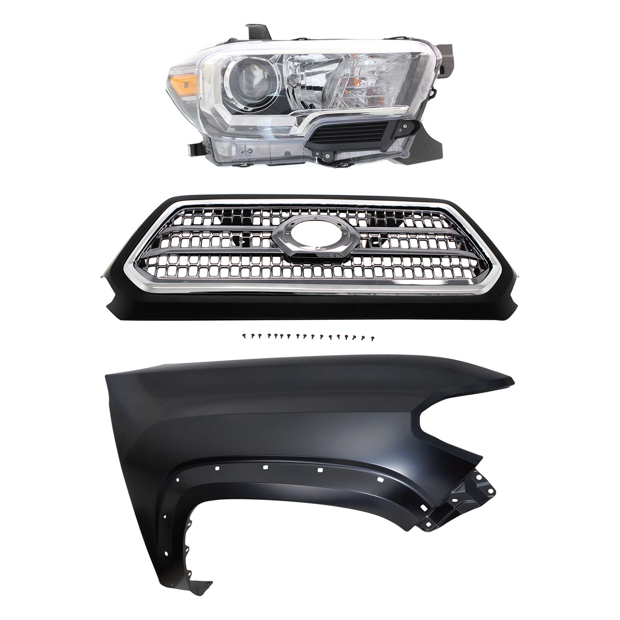 AM TACOMA 16-17 GRILLE Chrome Shell and Insert 3 pc Kit with Fender and Headlight SKU KIT 031323-29201 Partslink TO1200418 TO1241262 TO2503243 OEM 5310004520C8-5381104120-811100