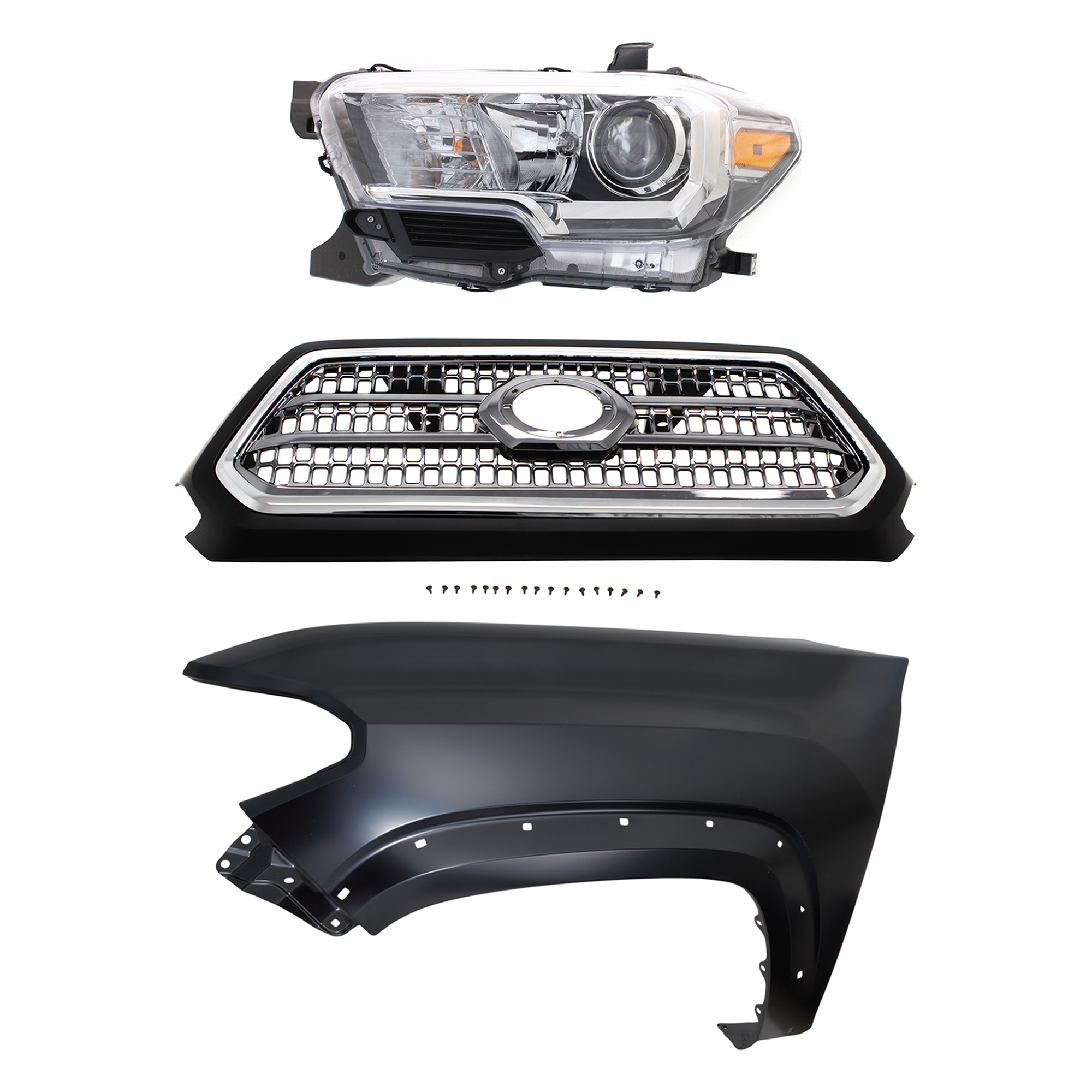 AM TACOMA 16-17 GRILLE Chrome Shell and Insert 3 pc Kit with Fender and Headlight SKU KIT 031323-29202 Partslink TO1200418 TO1240262 TO2502243 OEM 5310004520C8-5381204120-811500