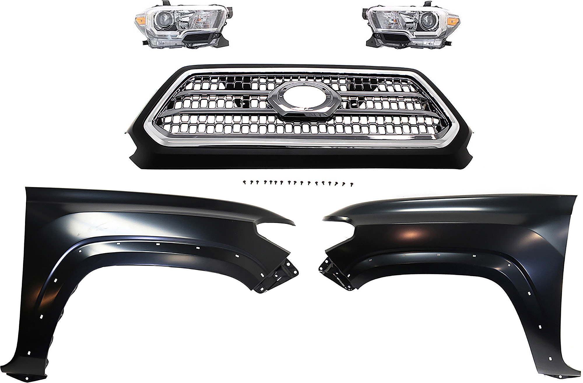 AM TACOMA 16-17 GRILLE Chrome Shell and Insert 5 pc Kit with Fenders and Headlights SKU KIT 031323-292 Partslink TO1200418 TO1241262 TO1240262 TO2503243 TO2502243 OEM 5310004520C8-5381104120-538120