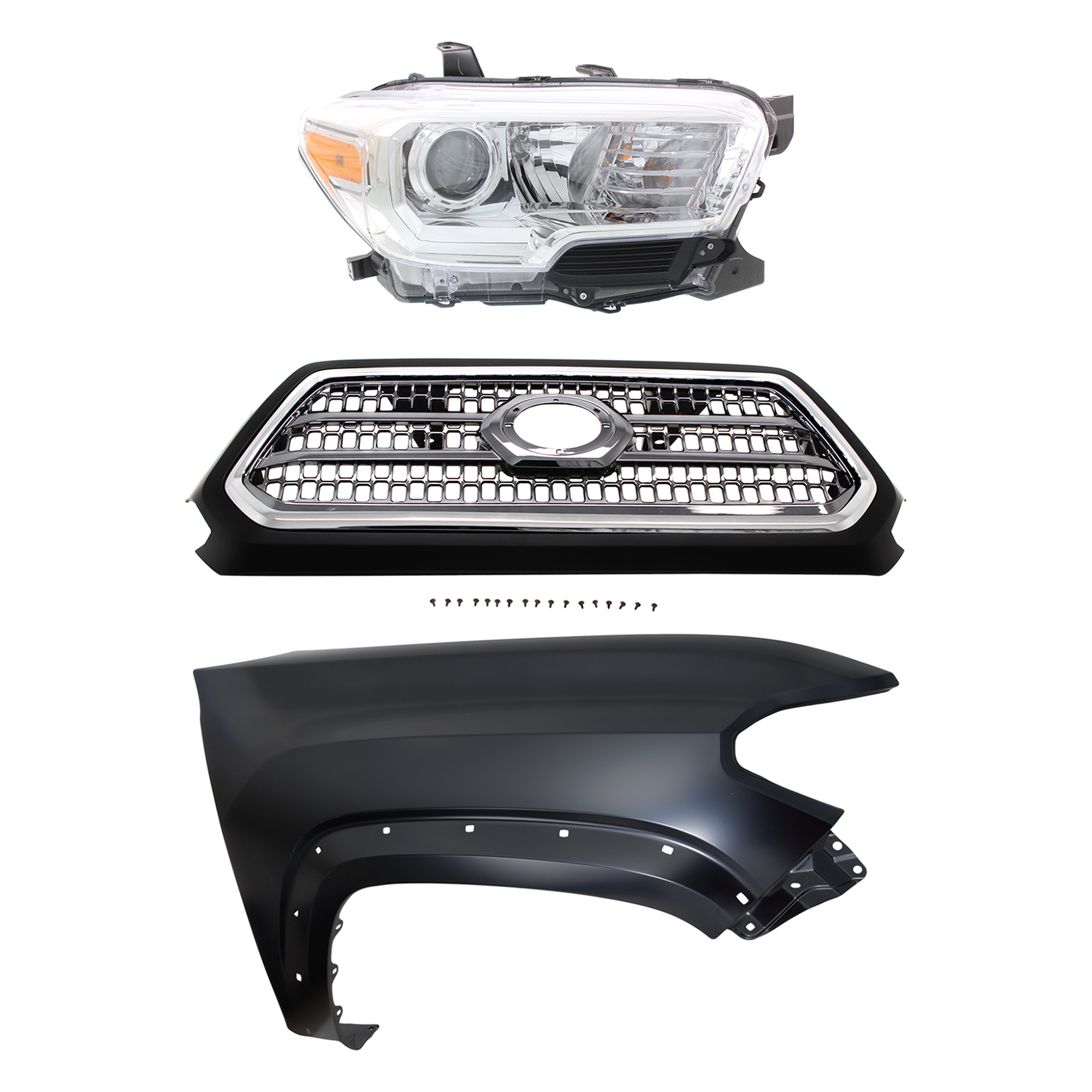 AM TACOMA 16-17 GRILLE Chrome Shell and Insert 3 pc Kit with Fender and Headlight SKU KIT 031323-29301 Partslink TO1200418 TO1241262 TO2503242 OEM 5310004520C8-5381104120-811100