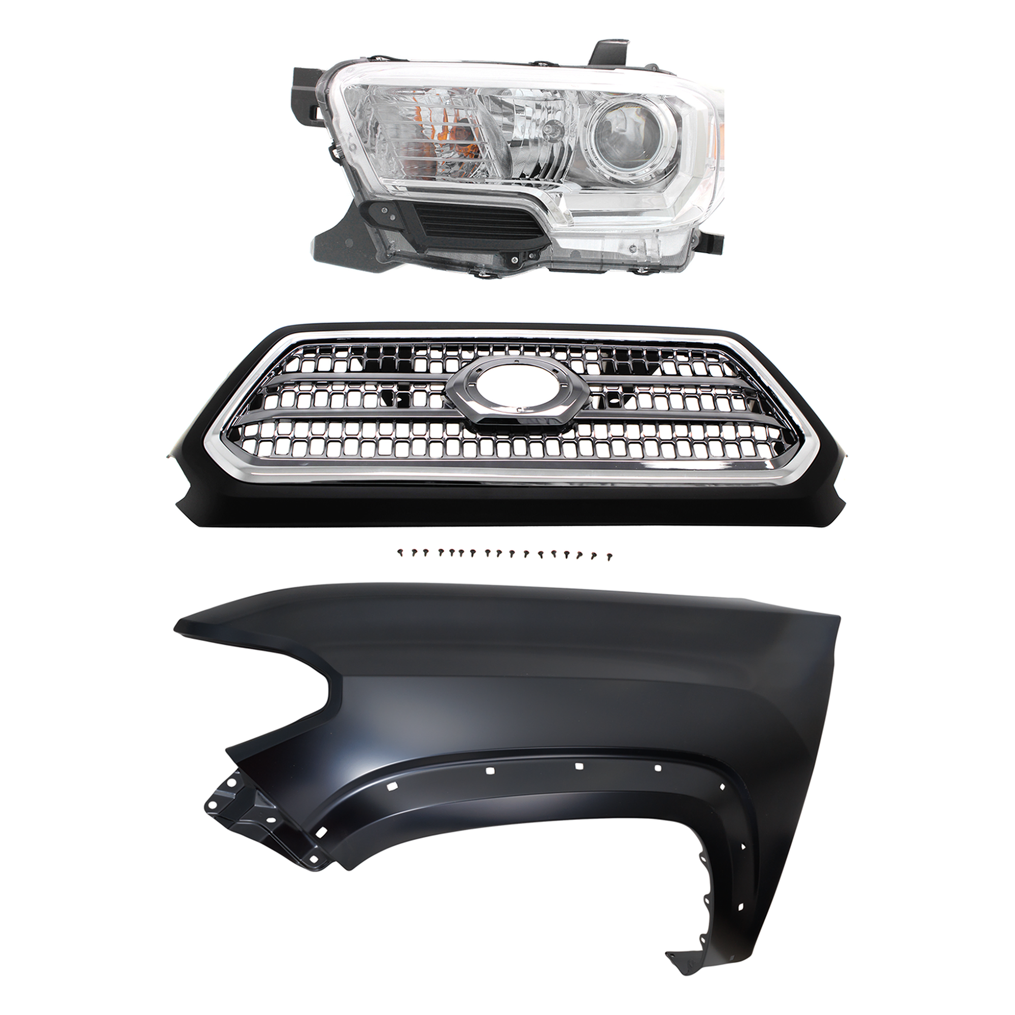 AM TACOMA 16-17 GRILLE Chrome Shell and Insert 3 pc Kit with Fender and Headlight SKU KIT 031323-29302 Partslink TO1200418 TO1240262 TO2502242 OEM 5310004520C8-5381204120-811500