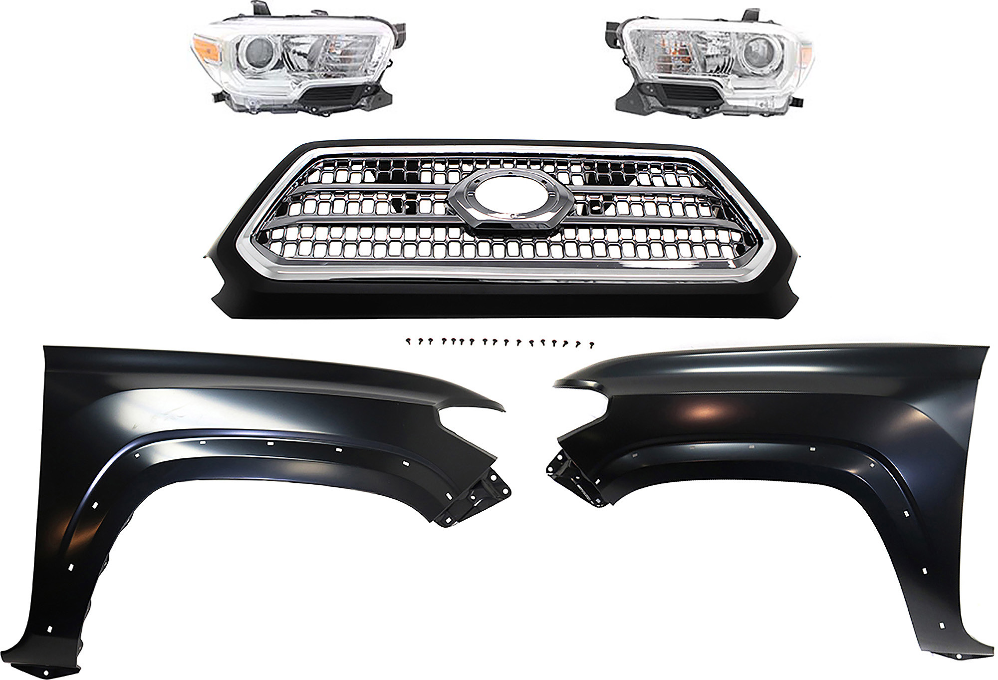 AM TACOMA 16-17 GRILLE Chrome Shell and Insert 5 pc Kit with Fenders and Headlights SKU KIT 031323-293 Partslink TO1200418 TO1241262 TO1240262 TO2503242 TO2502242 OEM 5310004520C8-5381104120-538120