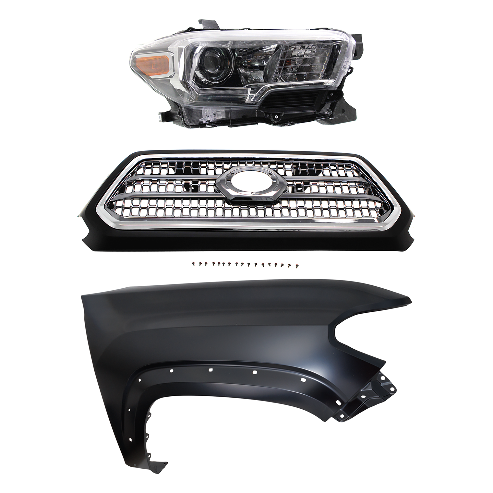 AM TACOMA 16-17 GRILLE Chrome Shell and Insert 3 pc Kit with Fender and Headlight SKU KIT 031323-29401 Partslink TO1200418 TO1241262 TO2503244 OEM 5310004520C8-5381104120-811100