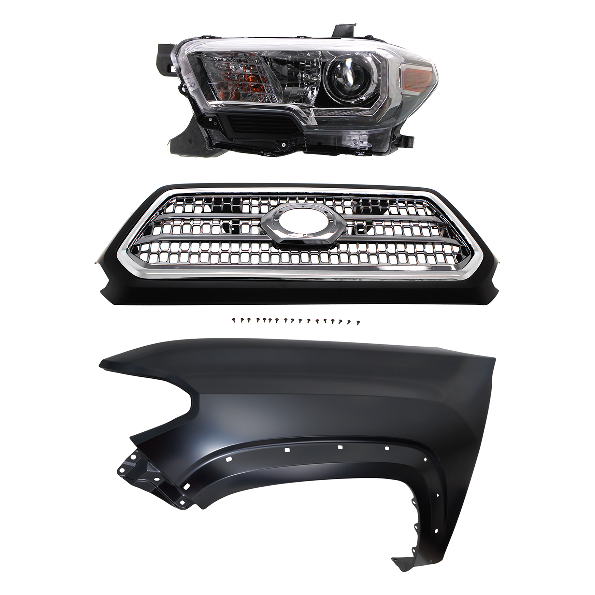 AM TACOMA 16-17 GRILLE Chrome Shell and Insert 3 pc Kit with Fender and Headlight SKU KIT 031323-29402 Partslink TO1200418 TO1240262 TO2502244 OEM 5310004520C8-5381204120-811500