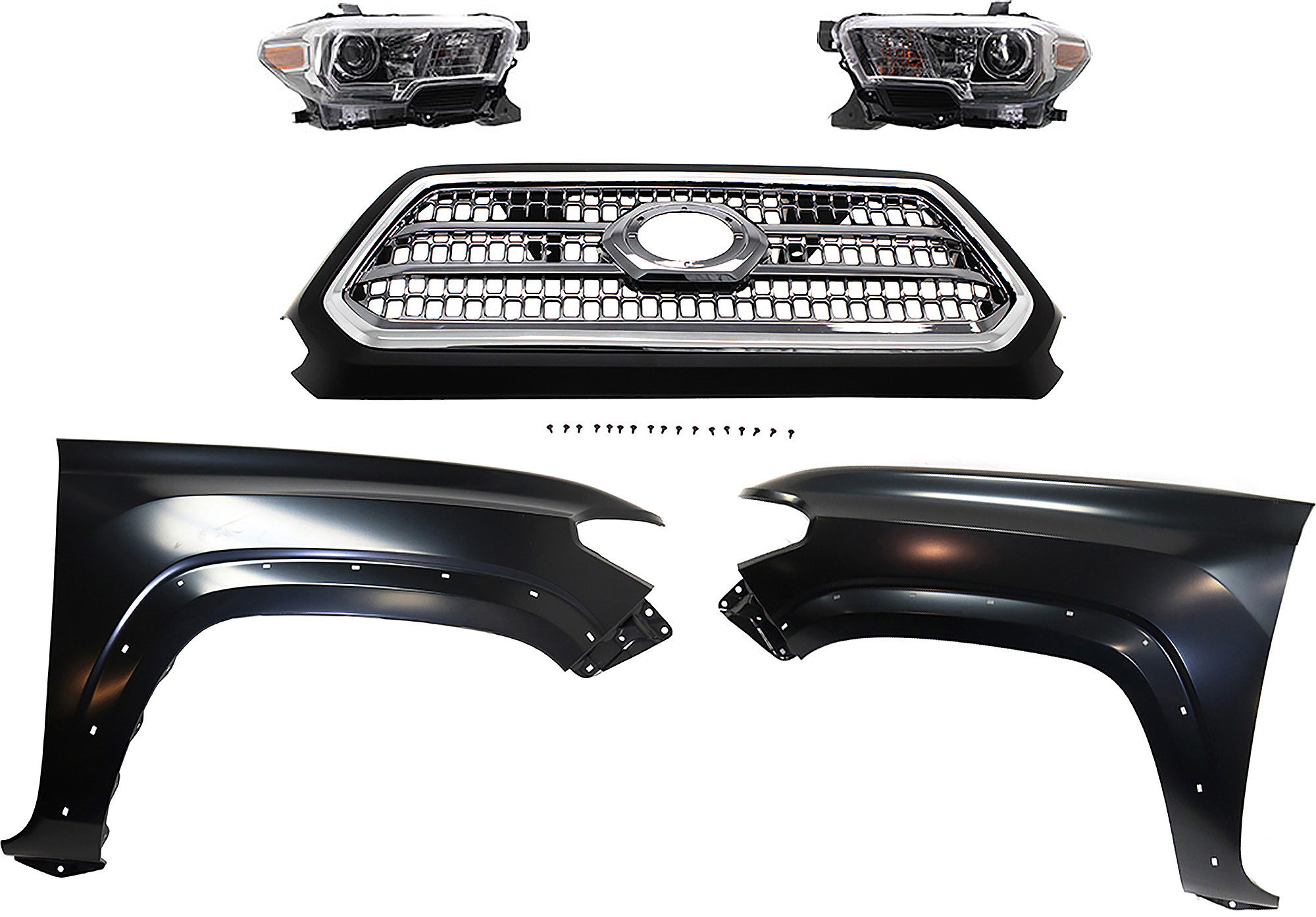AM TACOMA 16-17 GRILLE Chrome Shell and Insert 5 pc Kit with Fenders and Headlights SKU KIT 031323-294 Partslink TO1200418 TO1241262 TO1240262 TO2503244 TO2502244 OEM 5310004520C8-5381104120-538120