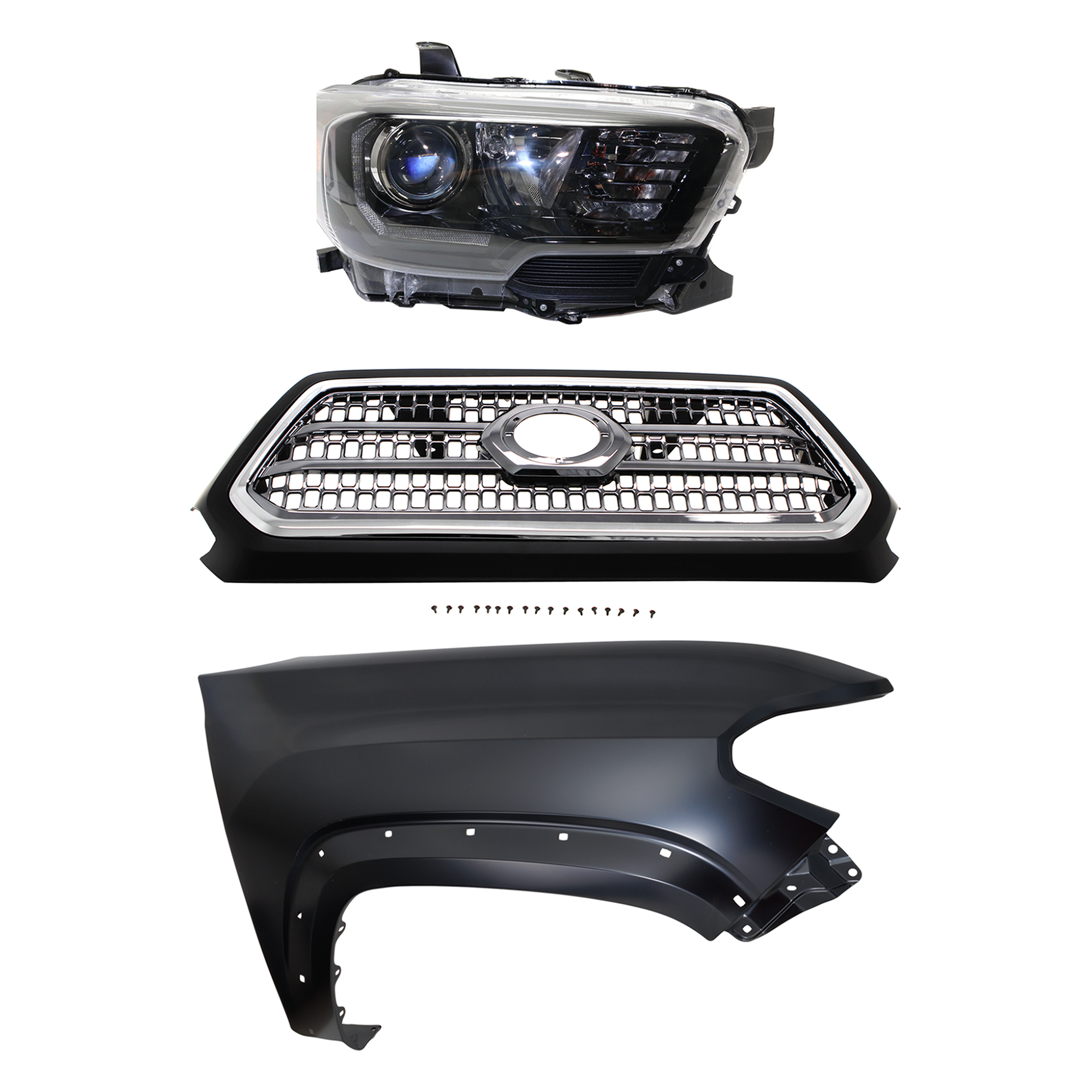 AM TACOMA 17-17 HEAD LAMP RH Assembly Halogen 3 pc Kit with Fender and Grille Assembly SKU KIT 031323-29501 Partslink TO2503254 TO1241262 TO1200418 OEM 8111004280-5381104120-53100045