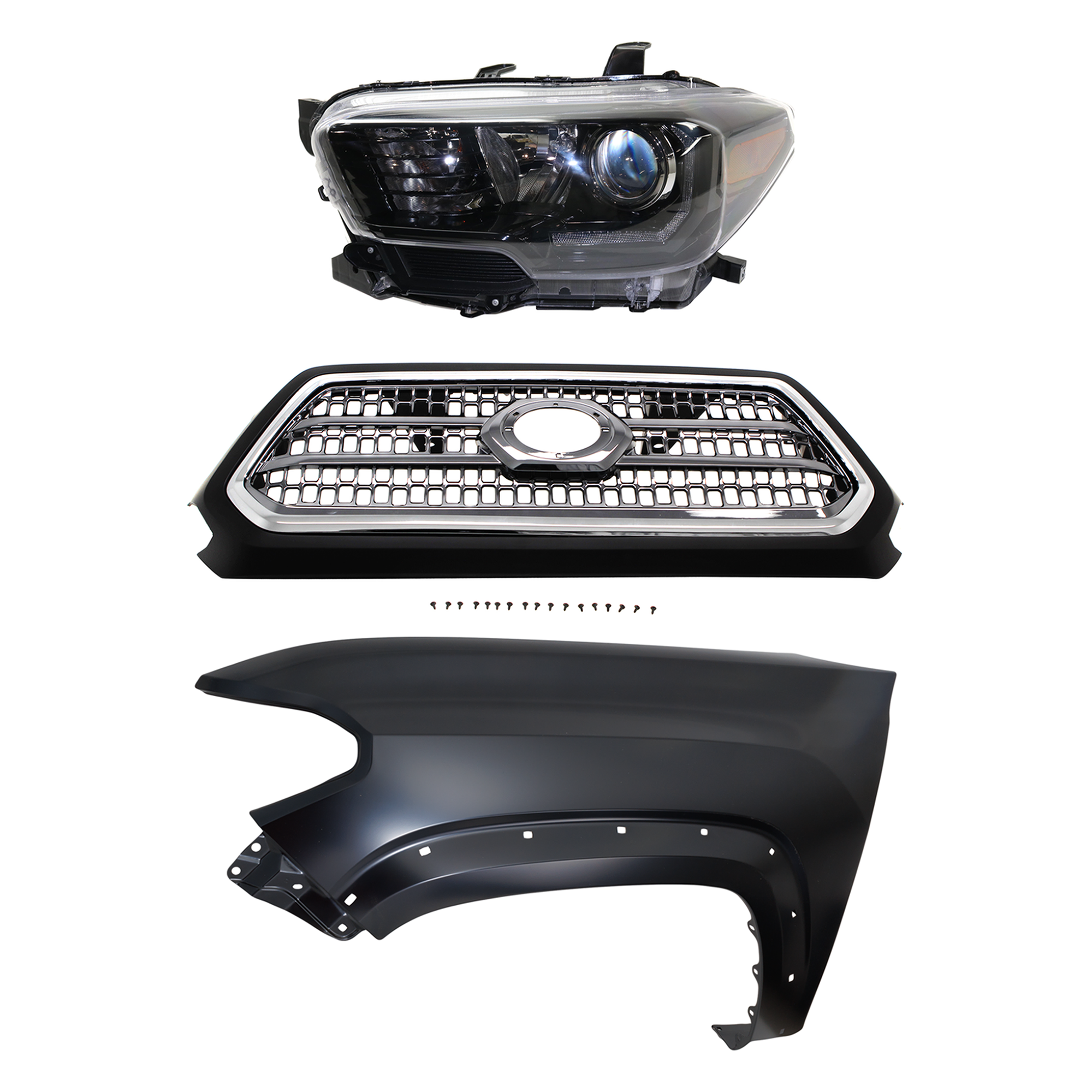 AM TACOMA 17-17 HEAD LAMP LH Assembly Halogen 3 pc Kit with Fender and Grille Assembly SKU KIT 031323-29502 Partslink TO2502254 TO1240262 TO1200418 OEM 8115004280-5381204120-53100045