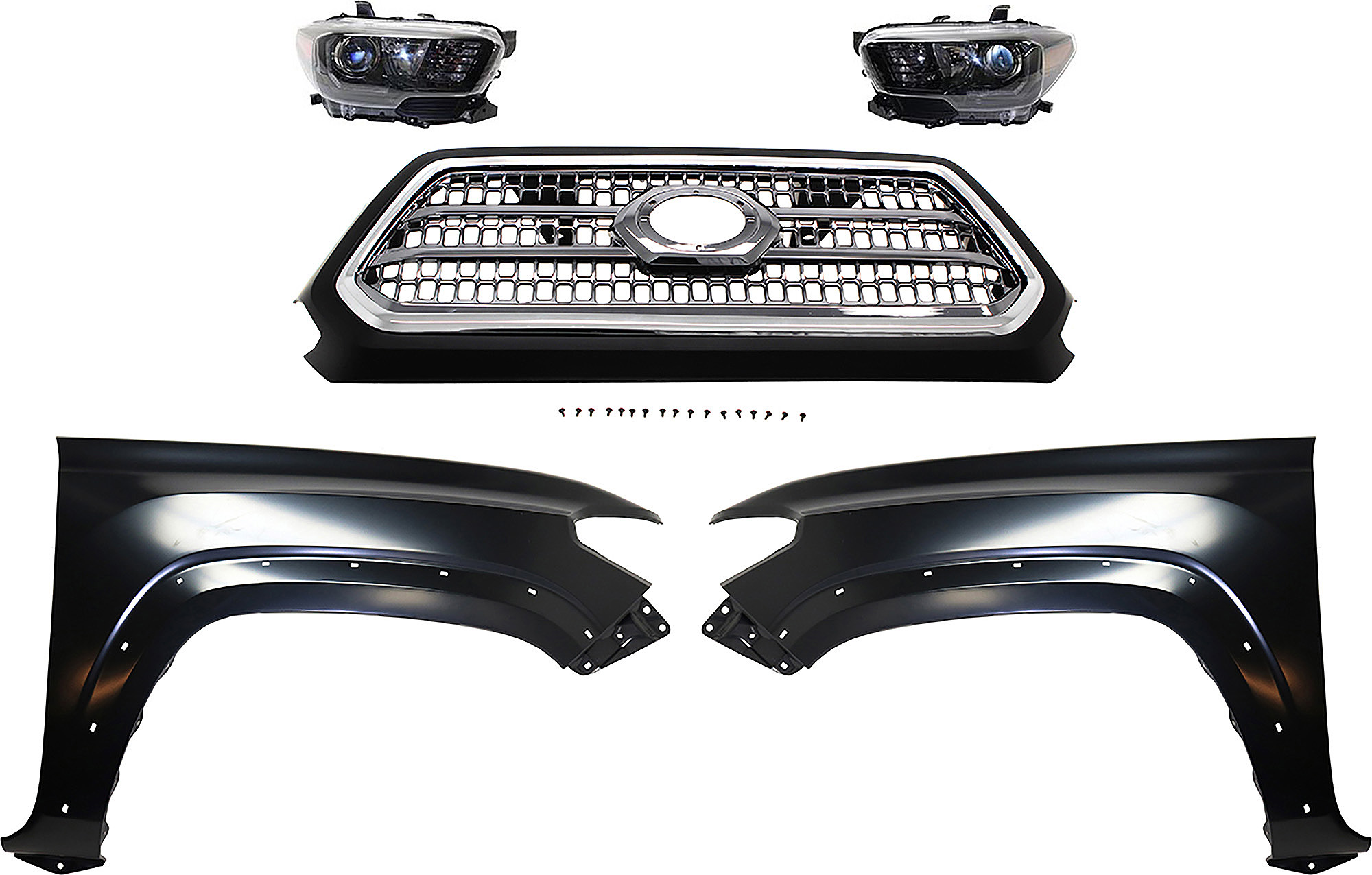 AM TACOMA 17-17 HEAD LAMP RH AND LH Assembly Halogen 5 pc Kit with Fender and Grille Assembly SKU KIT 031323-295 Partslink TO2503254 TO2502254 TO1241262 TO1240262 TO1200418 OEM 8111004280-8115004280-53811041