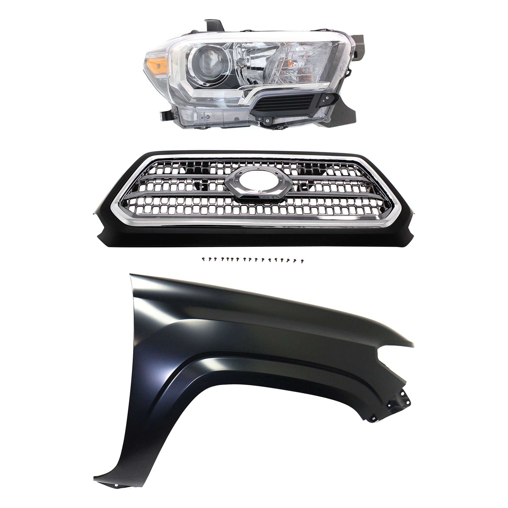 AM TACOMA 16-17 GRILLE Chrome Shell and Insert 3 pc Kit with Fender and Headlight SKU KIT 031323-29601 Partslink TO1200418 TO1241261 TO2503243 OEM 5310004520C8-5381104110-811100