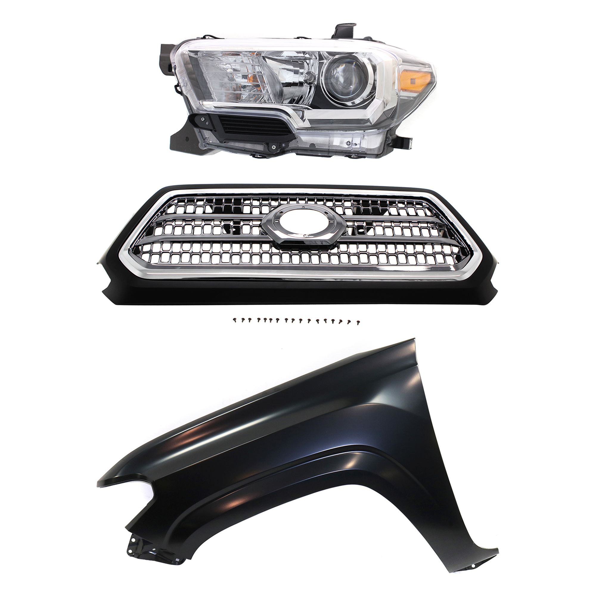 AM TACOMA 16-17 GRILLE Chrome Shell and Insert 3 pc Kit with Fender and Headlight SKU KIT 031323-29602 Partslink TO1200418 TO1240261 TO2502243 OEM 5310004520C8-5381204110-811500