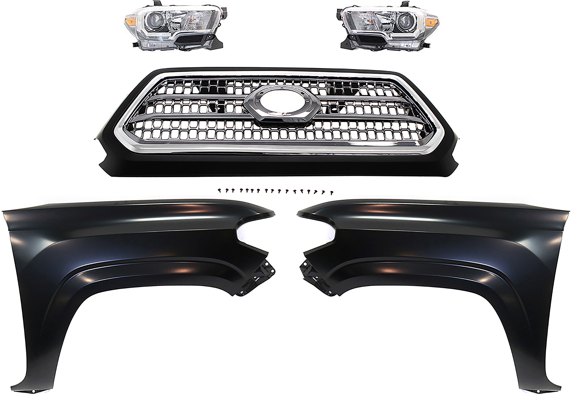 AM TACOMA 16-17 GRILLE Chrome Shell and Insert 5 pc Kit with Fenders and Headlights SKU KIT 031323-296 Partslink TO1200418 TO1241261 TO1240261 TO2503243 TO2502243 OEM 5310004520C8-5381104110-538120