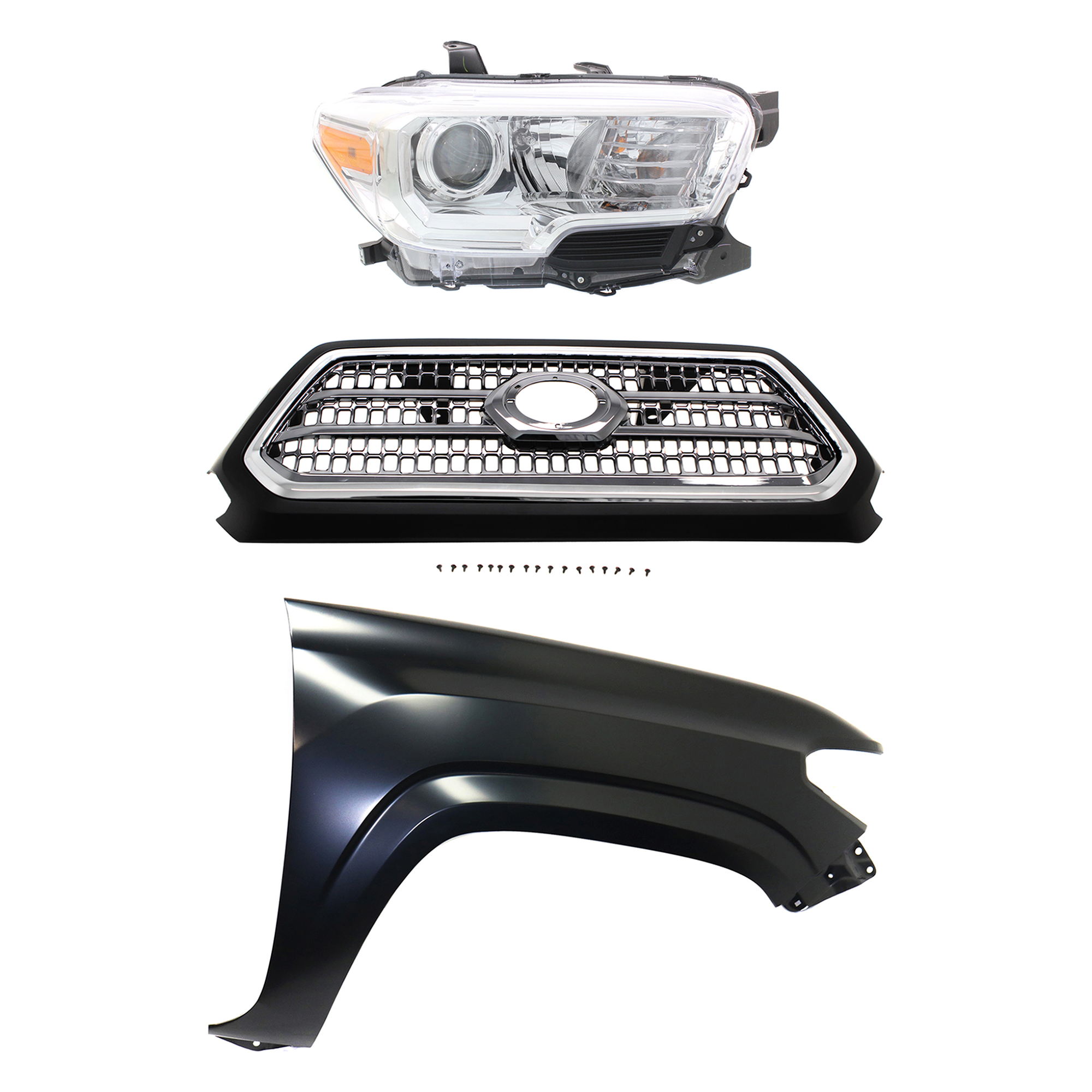 AM TACOMA 16-17 GRILLE Chrome Shell and Insert 3 pc Kit with Fender and Headlight SKU KIT 031323-29701 Partslink TO1200418 TO1241261 TO2503242 OEM 5310004520C8-5381104110-811100