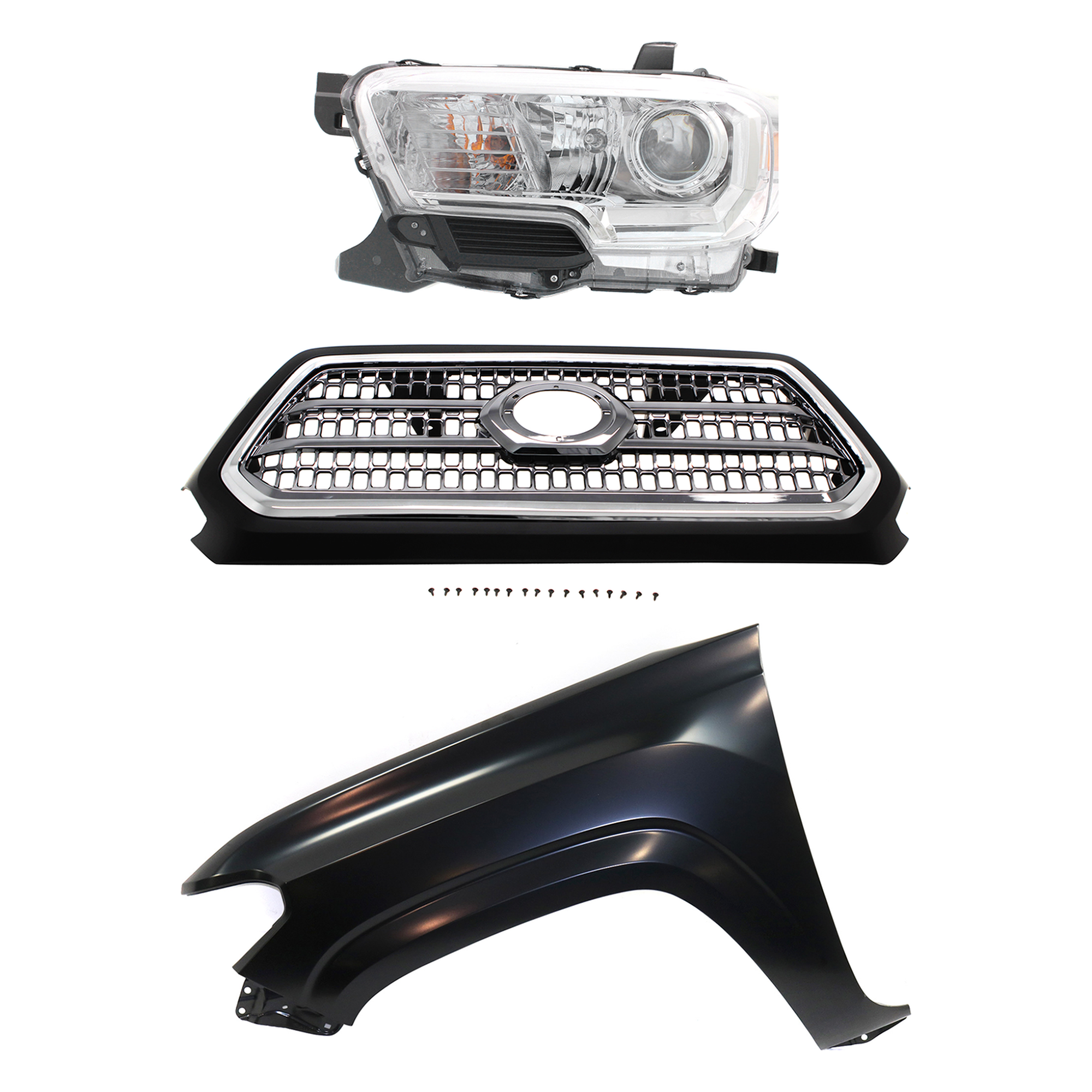 AM TACOMA 16-17 GRILLE Chrome Shell and Insert 3 pc Kit with Fender and Headlight SKU KIT 031323-29702 Partslink TO1200418 TO1240261 TO2502242 OEM 5310004520C8-5381204110-811500
