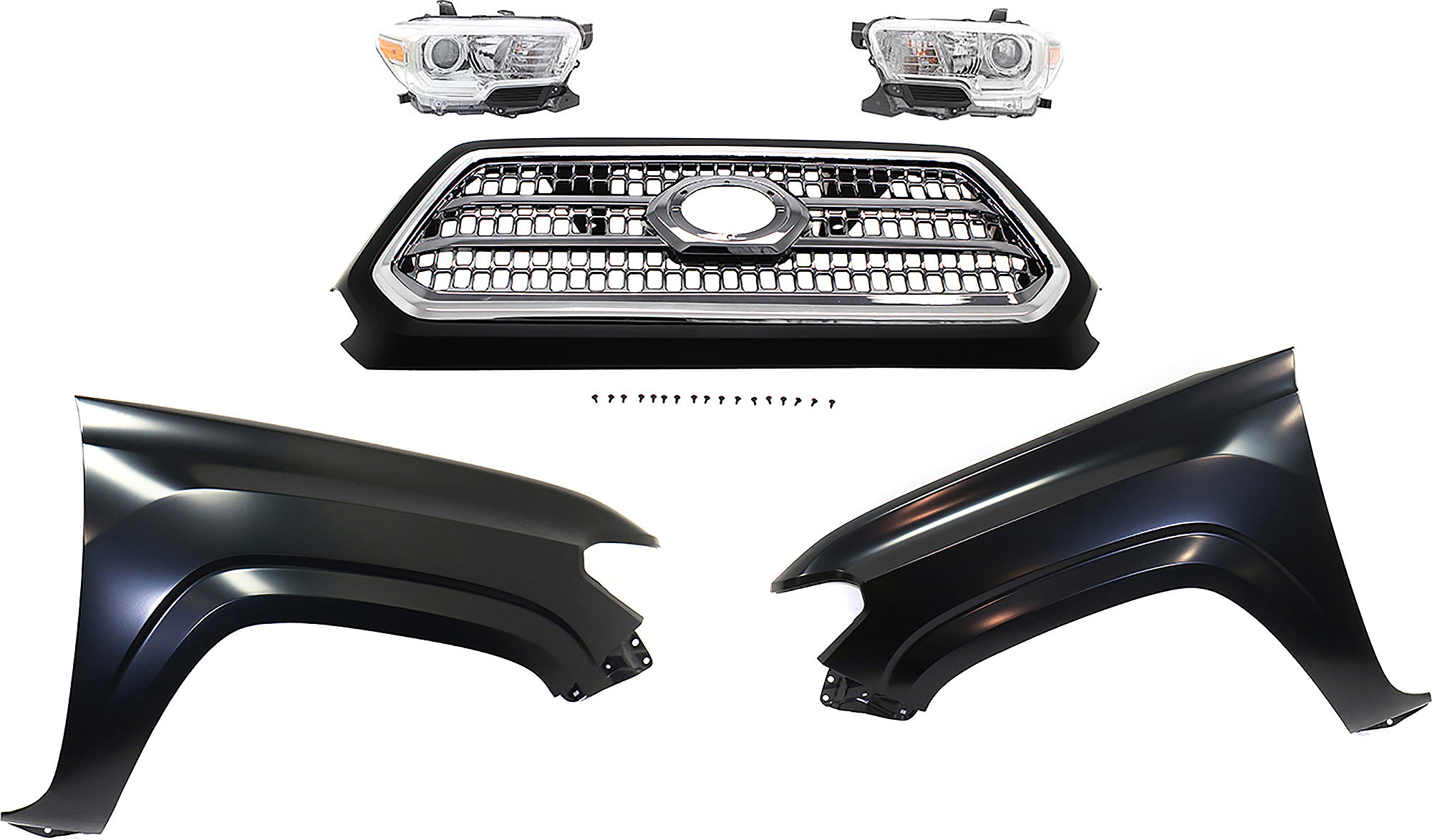 AM TACOMA 16-17 GRILLE Chrome Shell and Insert 5 pc Kit with Fenders and Headlights SKU KIT 031323-297 Partslink TO1200418 TO1241261 TO1240261 TO2503242 TO2502242 OEM 5310004520C8-5381104110-538120