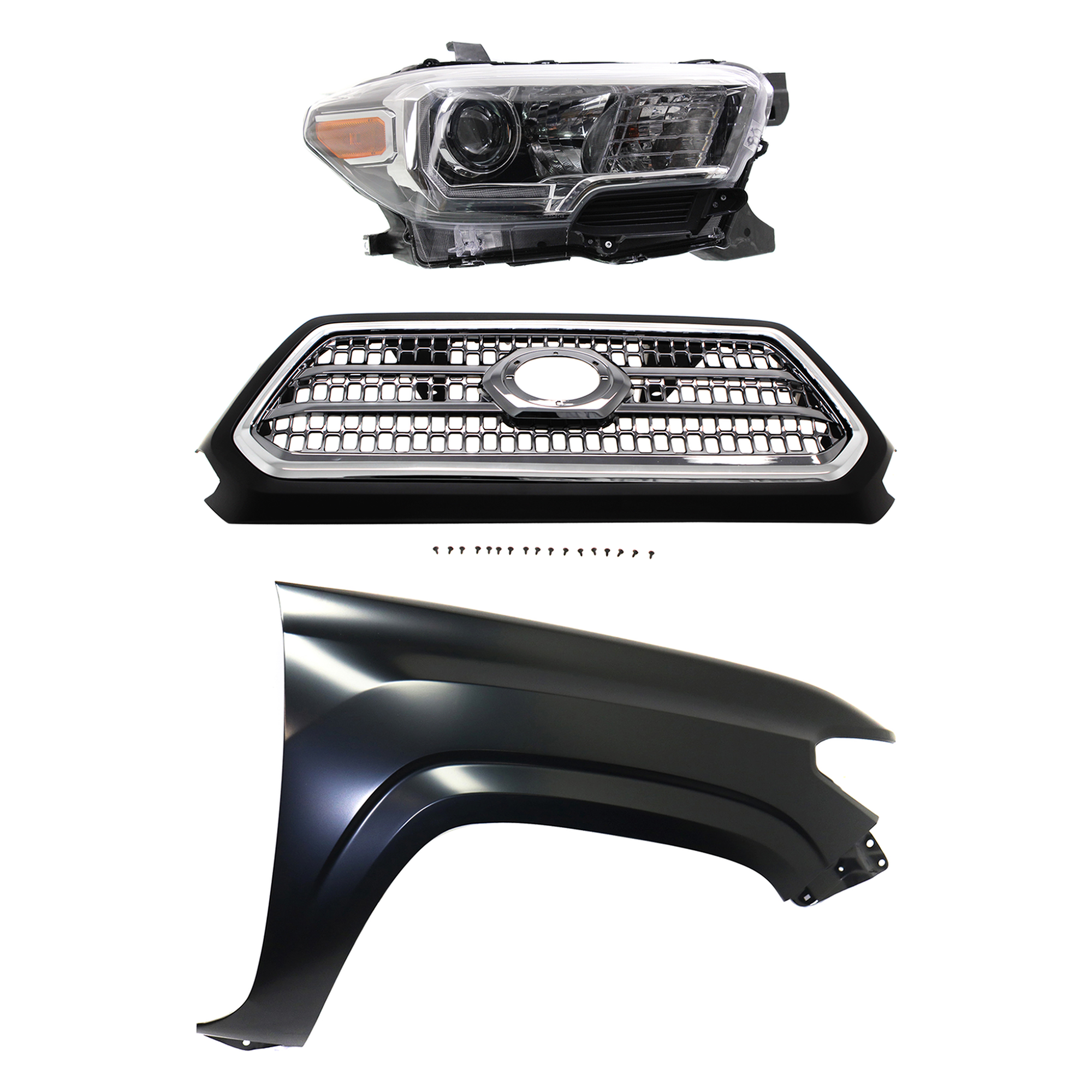 AM TACOMA 16-17 GRILLE Chrome Shell and Insert 3 pc Kit with Fender and Headlight SKU KIT 031323-29801 Partslink TO1200418 TO1241261 TO2503244 OEM 5310004520C8-5381104110-811100