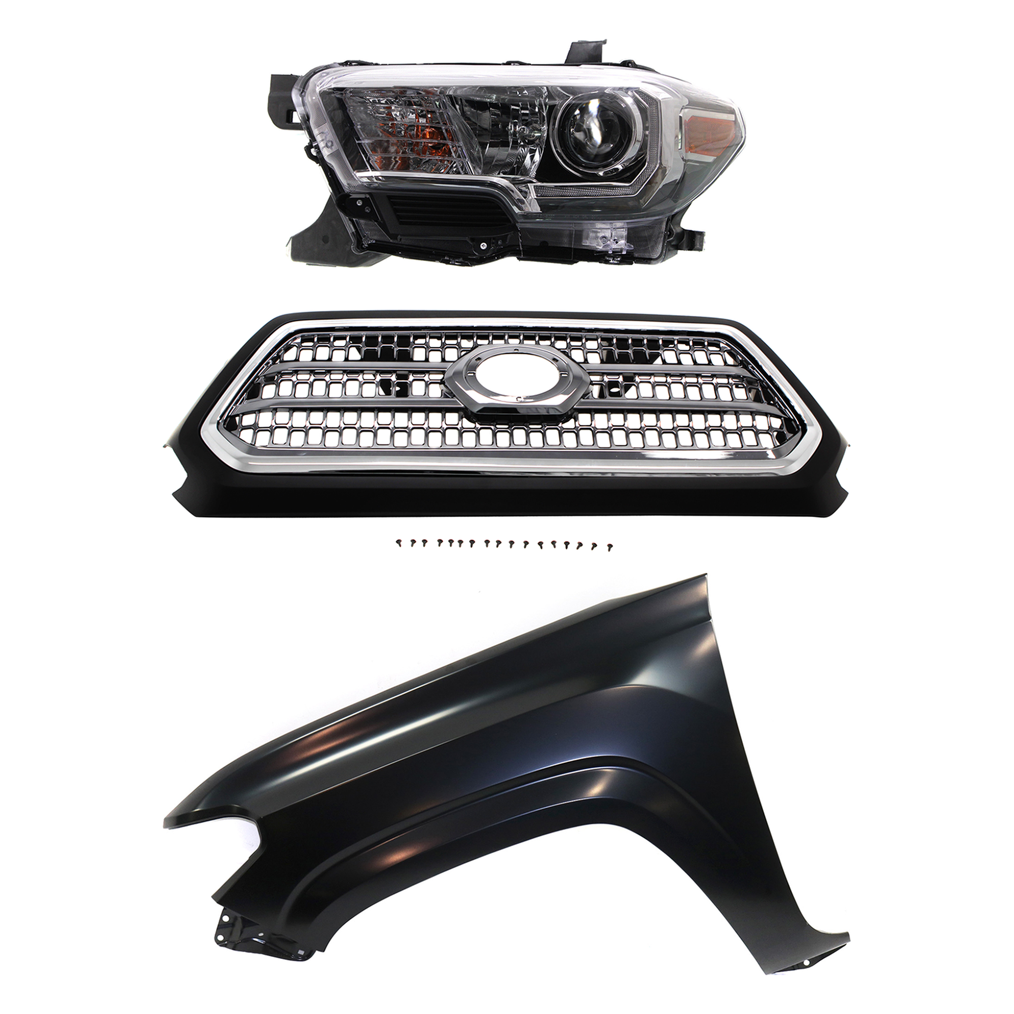AM TACOMA 16-17 GRILLE Chrome Shell and Insert 3 pc Kit with Fender and Headlight SKU KIT 031323-29802 Partslink TO1200418 TO1240261 TO2502244 OEM 5310004520C8-5381204110-811500
