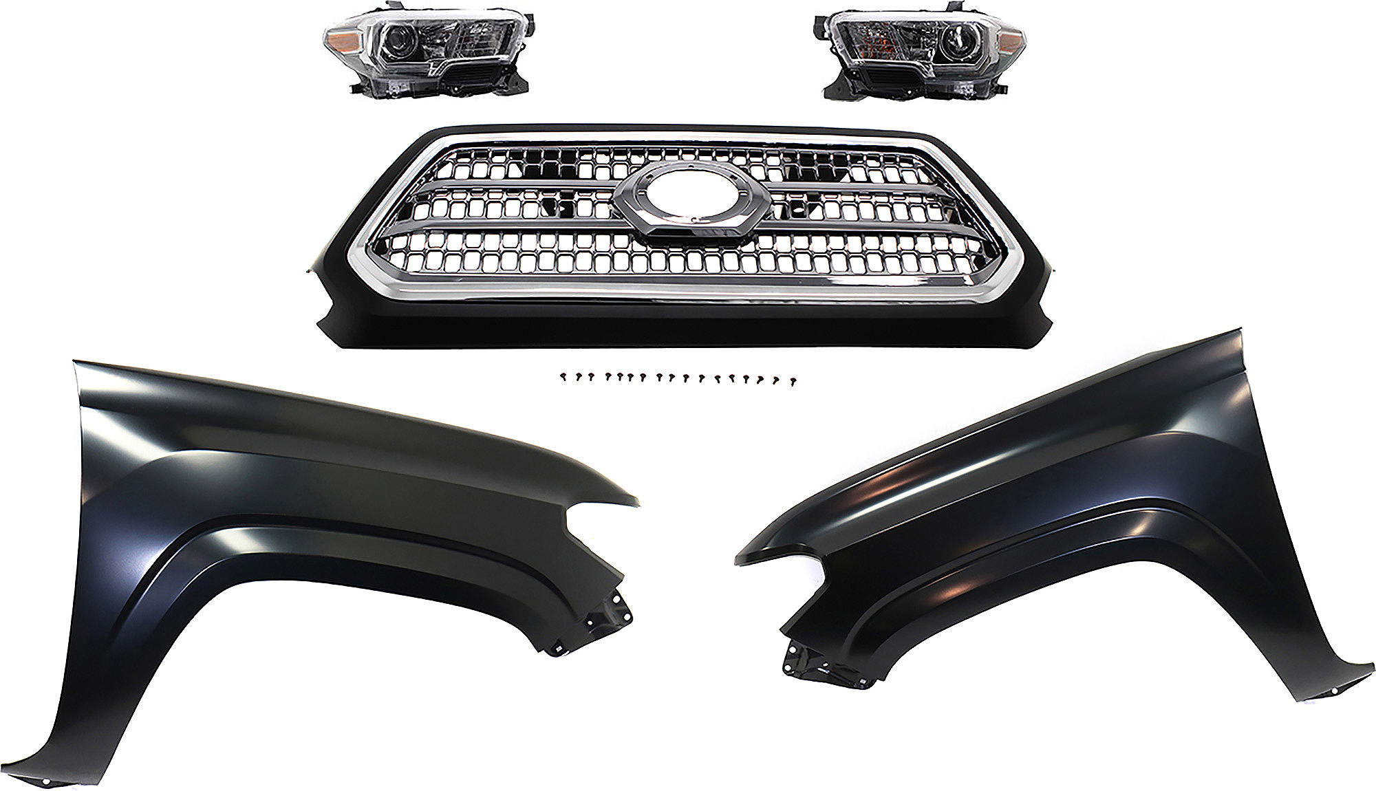 AM TACOMA 16-17 GRILLE Chrome Shell and Insert 5 pc Kit with Fenders and Headlights SKU KIT 031323-298 Partslink TO1200418 TO1241261 TO1240261 TO2503244 TO2502244 OEM 5310004520C8-5381104110-538120