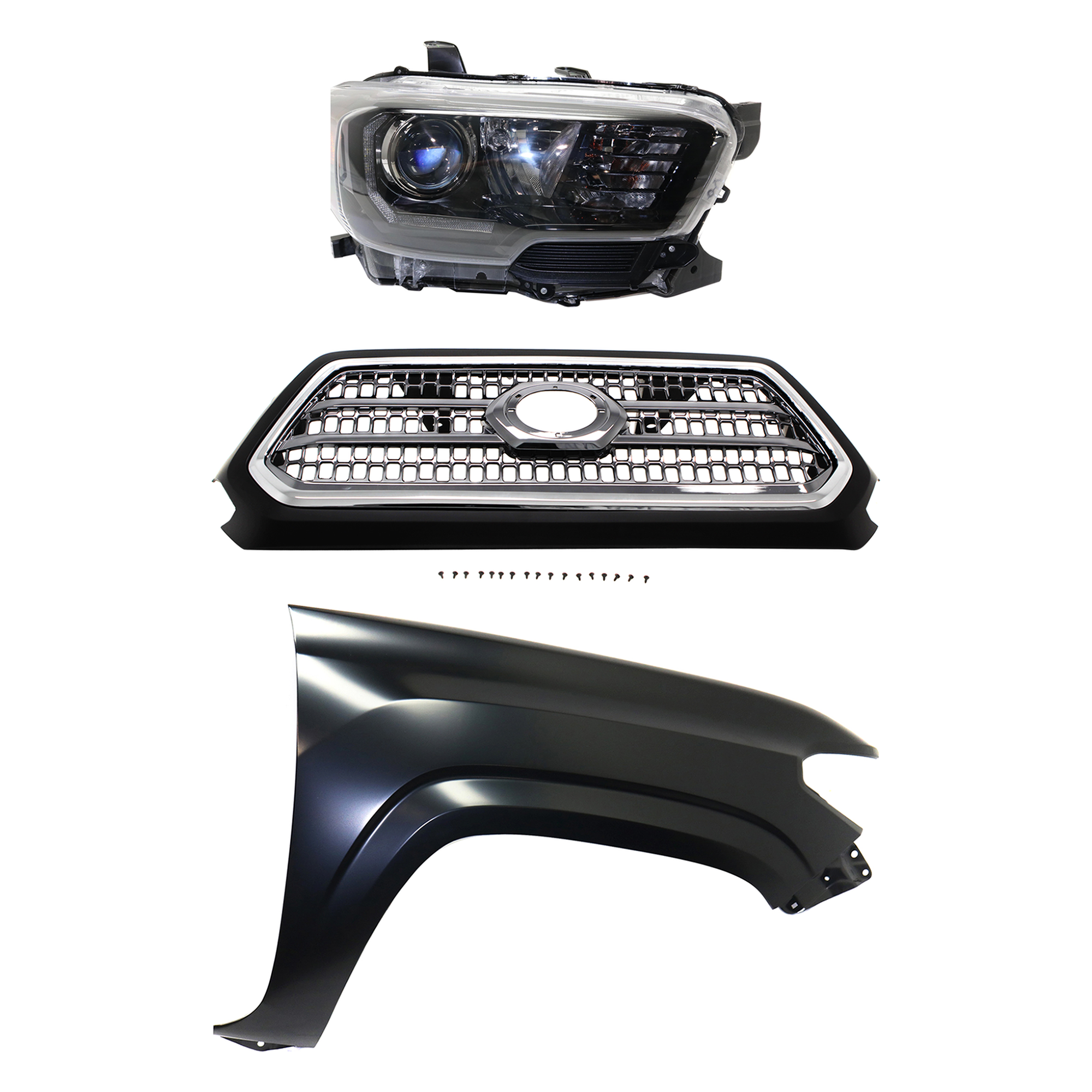 AM TACOMA 17-17 HEAD LAMP RH Assembly Halogen 3 pc Kit with Fender and Grille Assembly SKU KIT 031323-29901 Partslink TO2503254 TO1241261 TO1200418 OEM 8111004280-5381104110-53100045