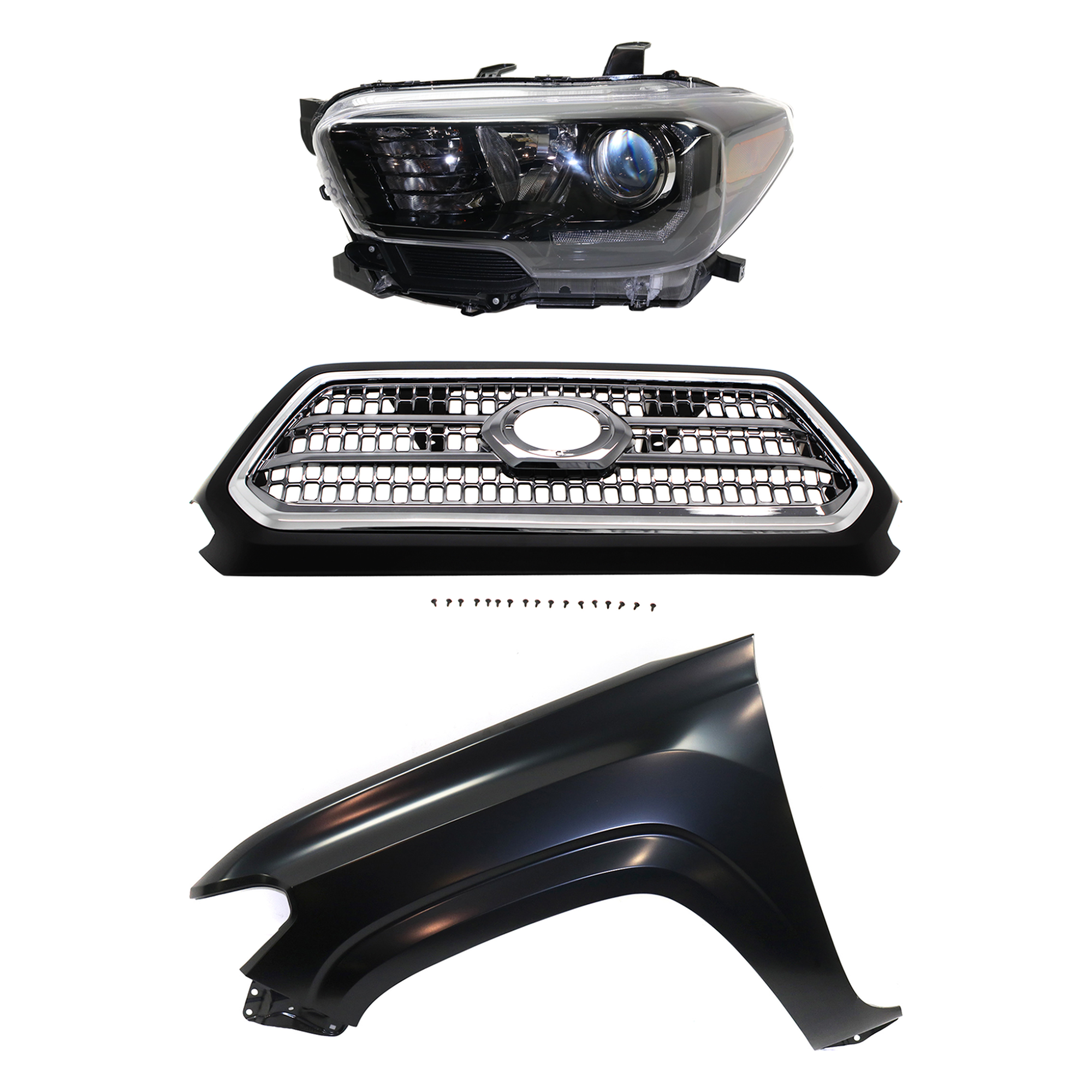 AM TACOMA 17-17 HEAD LAMP LH Assembly Halogen 3 pc Kit with Fender and Grille Assembly SKU KIT 031323-29902 Partslink TO2502254 TO1240261 TO1200418 OEM 8115004280-5381204110-53100045