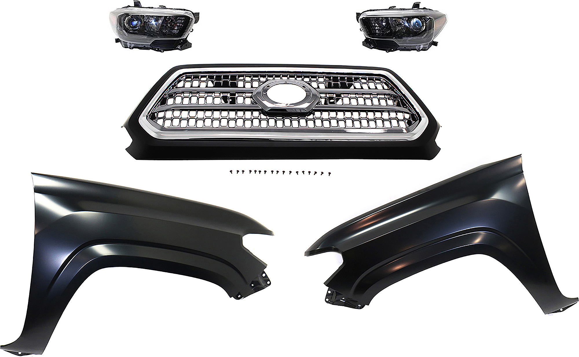 AM TACOMA 17-17 HEAD LAMP RH AND LH Assembly Halogen 5 pc Kit with Fenders and Grille Assembly SKU KIT 031323-299 Partslink TO2503254 TO2502254 TO1241261 TO1240261 TO1200418 OEM 8111004280-8115004280-53811041